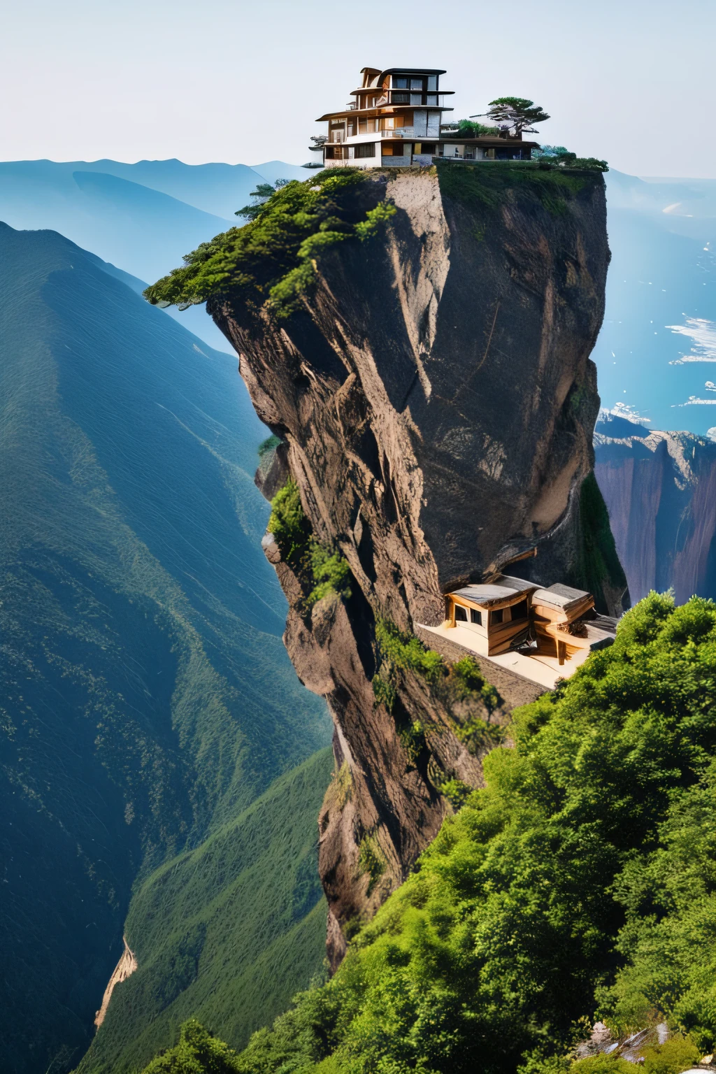 A house built on a precipitous cliff、A house built to stick to a cliff wall