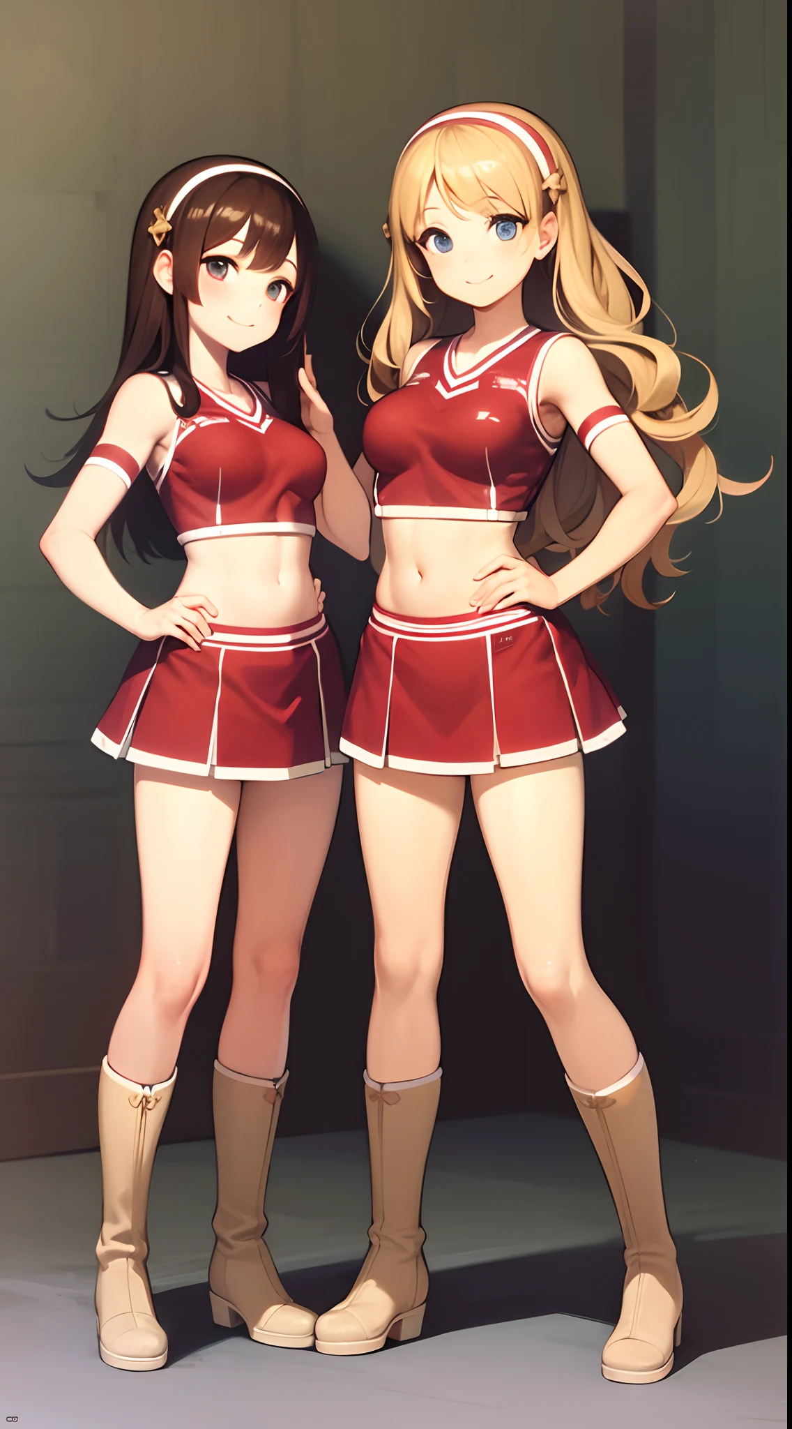 Masterpiece, high quality, 2girls, duo, 17 year old sisters, identical twins, identical sisters, brown hair, blonde hair, curly hair, matching hairstyles, hazel eyes, medium sized bust, (cheerleader uniforms, boots, matching outfits), smile, flat_color, full body, seductive pose, duo pose