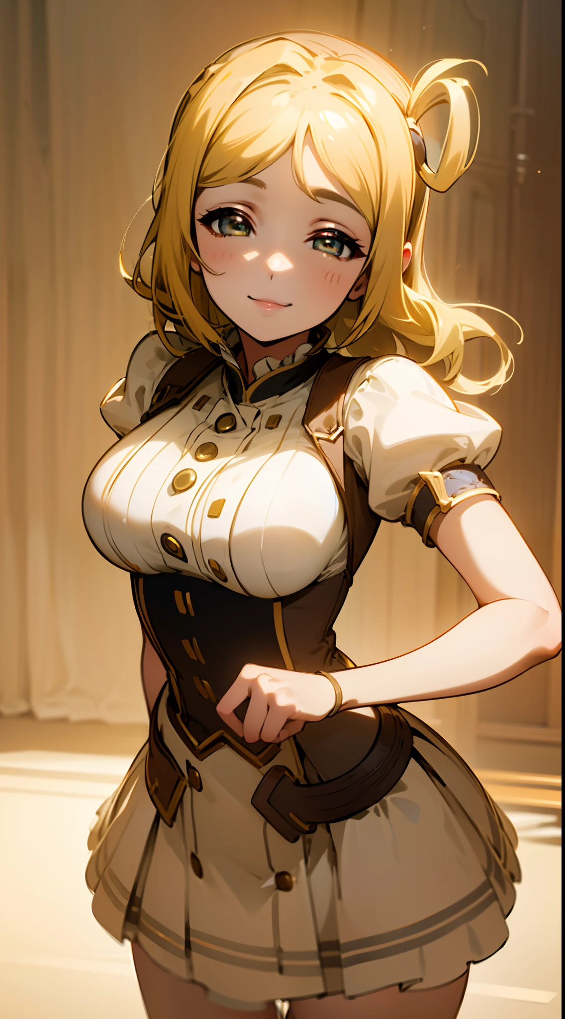 ((masterpiece,best quality,8k, Masterpiece, Best Quality,Detailed, Beautiful Detailed Eyes,)),Layla ML outfit, Mari Ohara face, Mari Ohara hair,solo, smiling, looking at viewer, cowboy shot, cinematic composition, dynamic pose,blonde hair