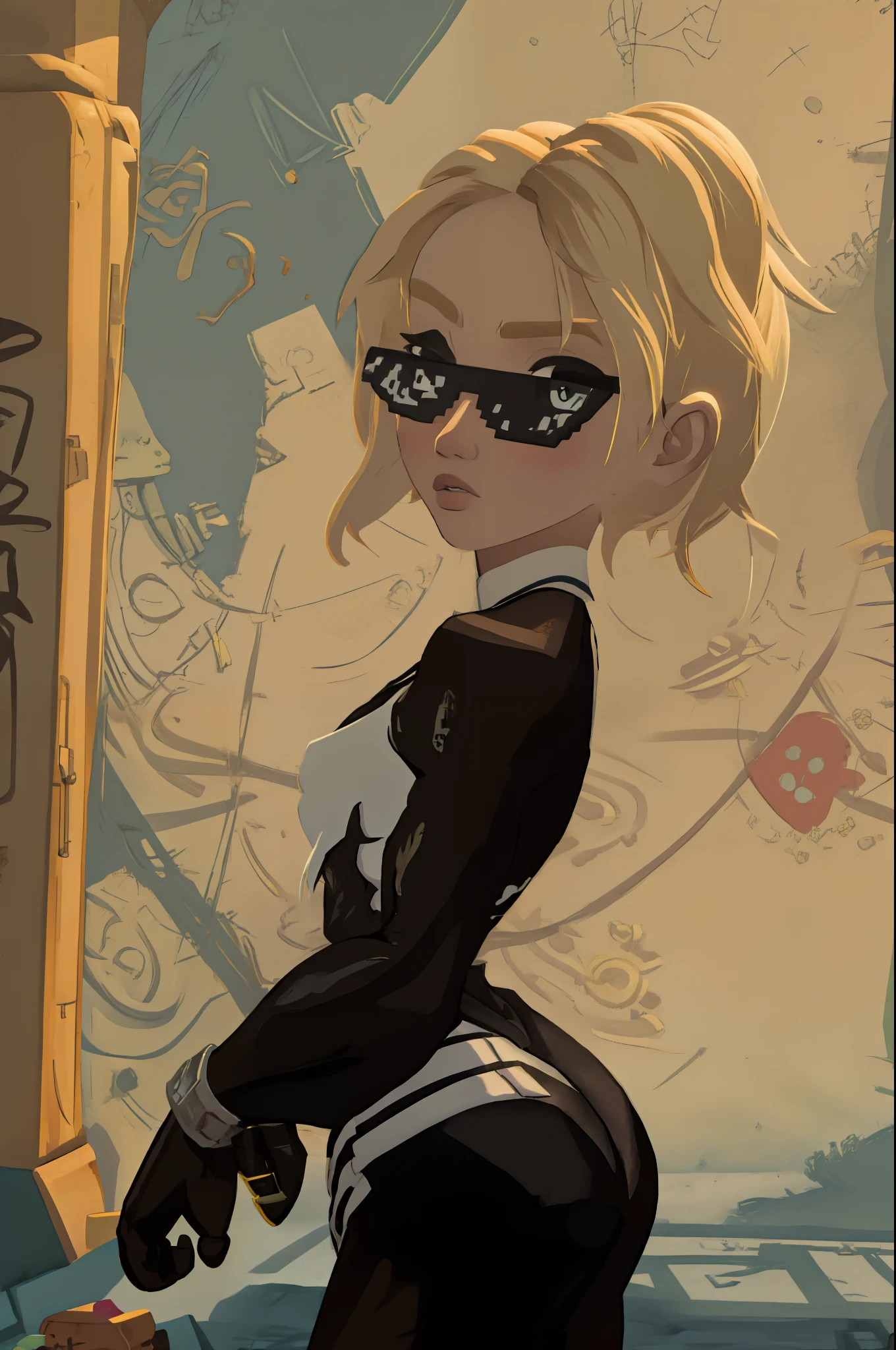 (hip hop scene) a very hip hop confidant badass arrogant cocky boss bich attitude  gwen stacy DealWithIt badass selfie pose on graffiti wall botw style