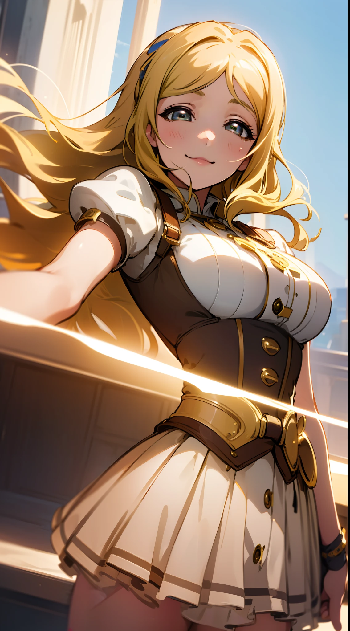 ((masterpiece,best quality,8k, Masterpiece, Best Quality,Detailed, Beautiful Detailed Eyes,)),Layla ML outfit, Mari Ohara face, Mari Ohara hair,solo, smiling, looking at viewer, cowboy shot, cinematic composition, dynamic pose,blonde hair