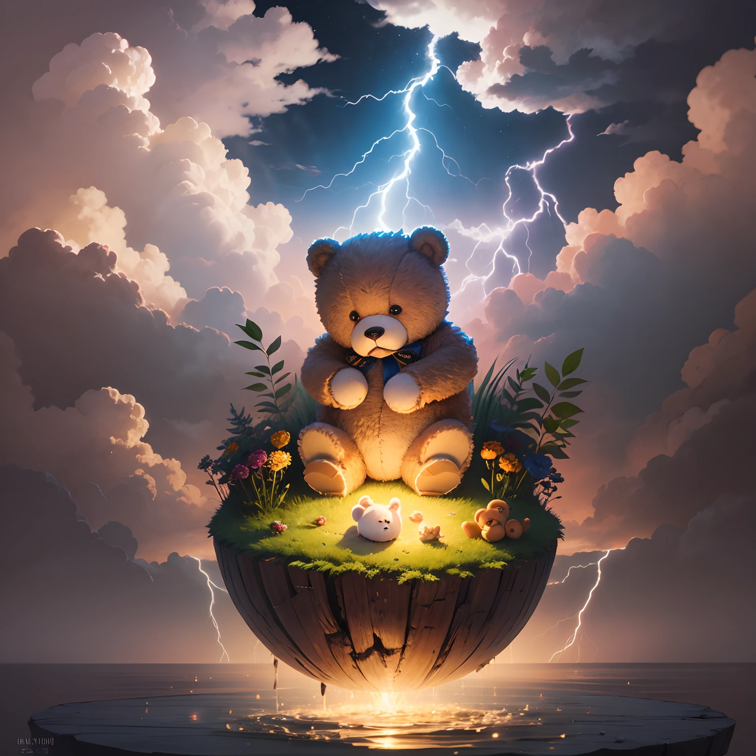 teddy bear crying on a mini floating island, with lightning clouds above him,draw --auto --s2