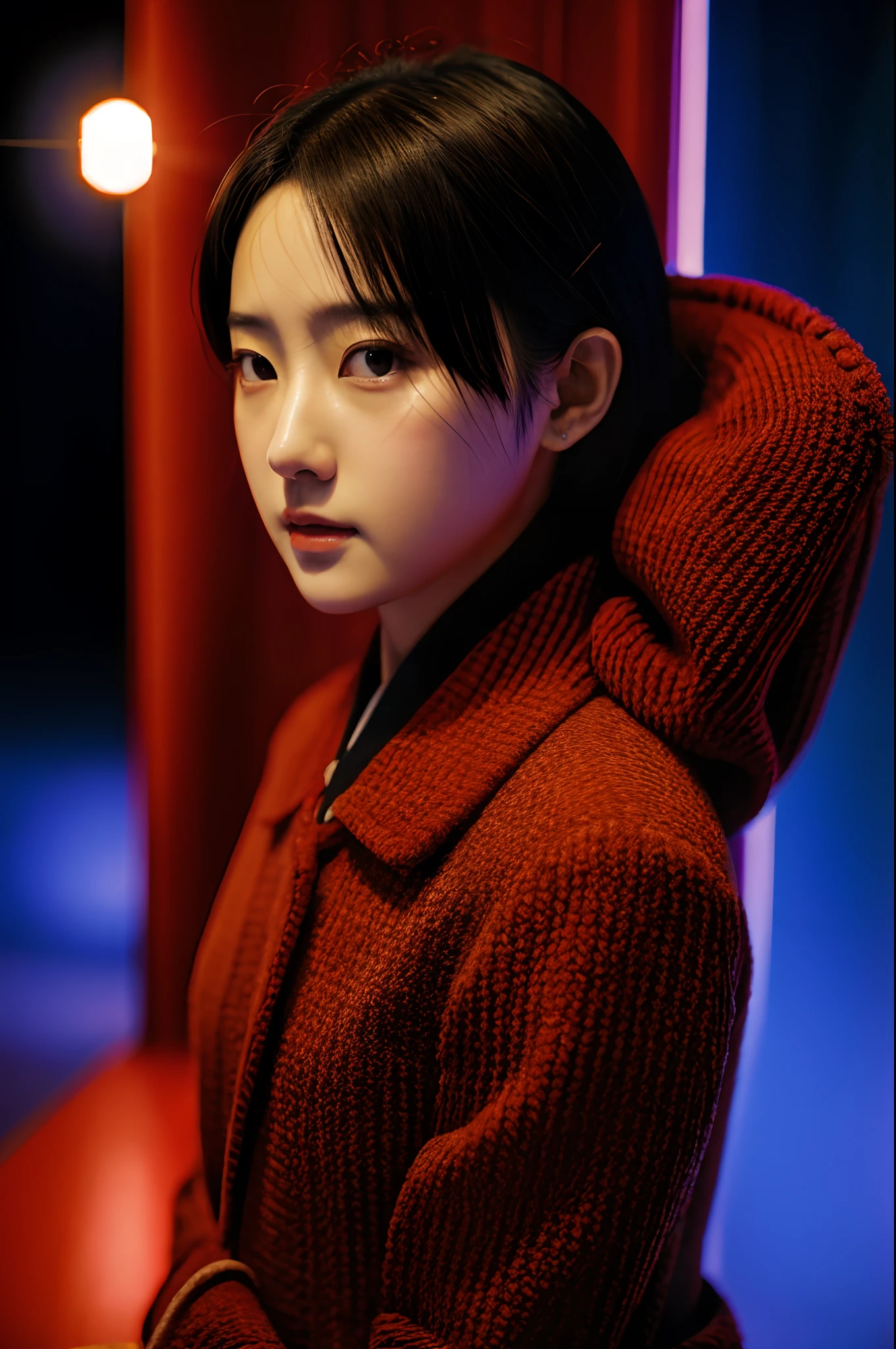 art by katsuya terada, art by range murata, art by akiman, art by JUNNY, Full body shot portrait of cute slender Young Japanese hit girl, Battle Scars, Realistic skin texture, Few moderate moles, wearing a suit, hold a gun, Red Circle nightclub in San Diego, Red and blue cinematic lighting, highly detailed, ray tracing, digital painting, concept art, smooth, sharp focus, illustration, 8k