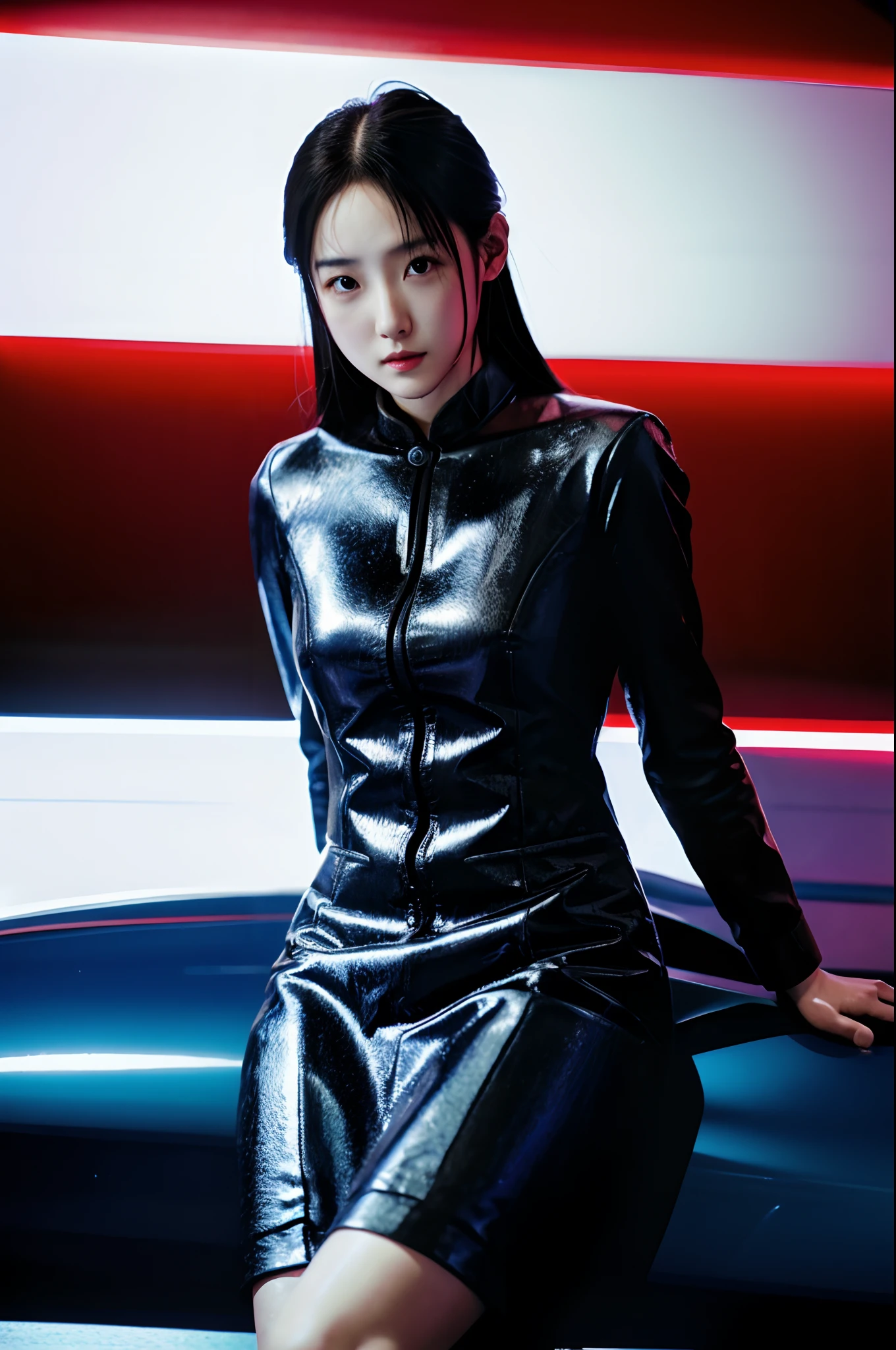 art by katsuya terada, art by range murata, art by akiman, art by JUNNY, Full body shot portrait of cute slender Young Japanese hit girl, Battle Scars, Realistic skin texture, Few moderate moles, wearing a suit, hold a gun, Red Circle nightclub in San Diego, Red and blue cinematic lighting, highly detailed, ray tracing, digital painting, concept art, smooth, sharp focus, illustration, 8k