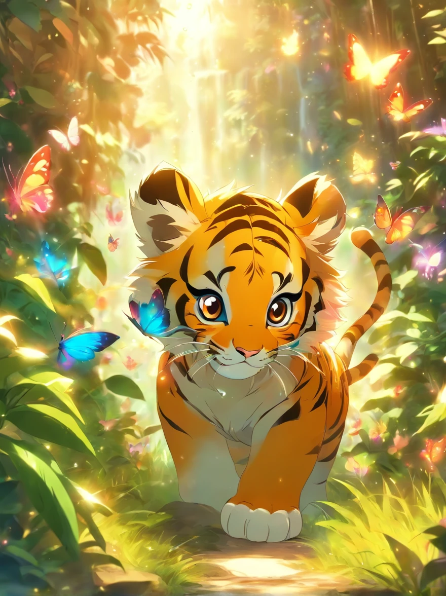 a sence of awe and wonder, a small tiger cub going in his first hunt, hiding in the bushes, magical fantasy ,rainbow butterflies in the surrounding