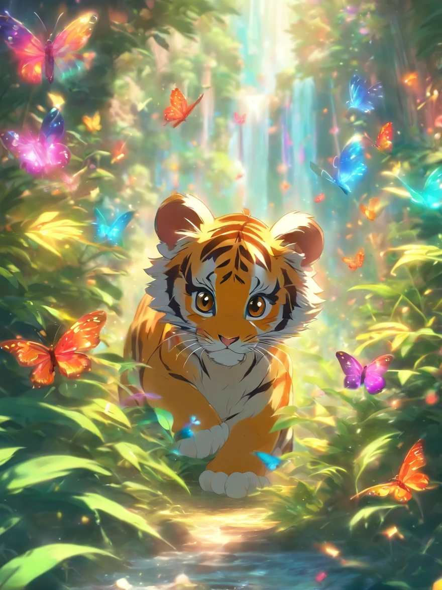 a sence of awe and wonder, a small tiger cub going in his first hunt, hiding in the bushes, magical fantasy ,rainbow butterflies in the surrounding