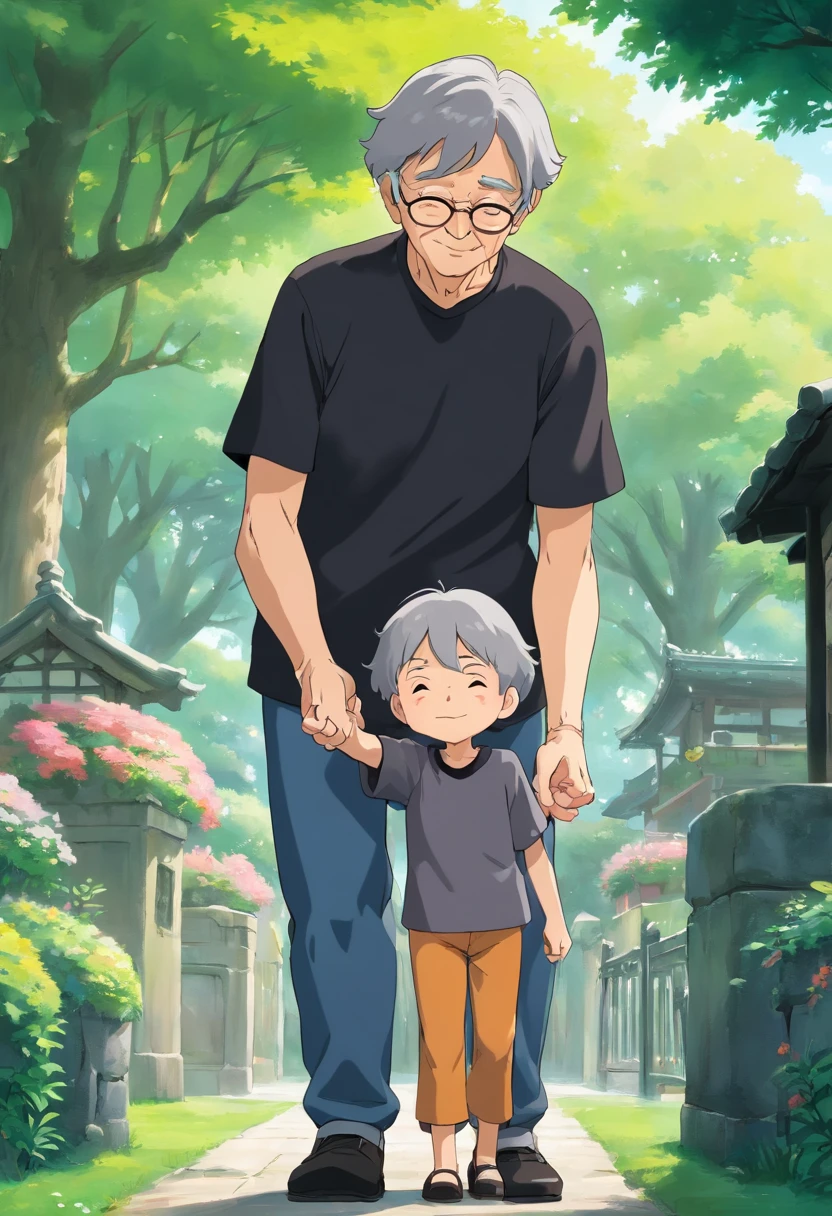 the old woman wearing an black and gray unifom thanking a young man with black t shirt and a jeans because he helped her , they are in a park Shoulder Level shot, Long Shot