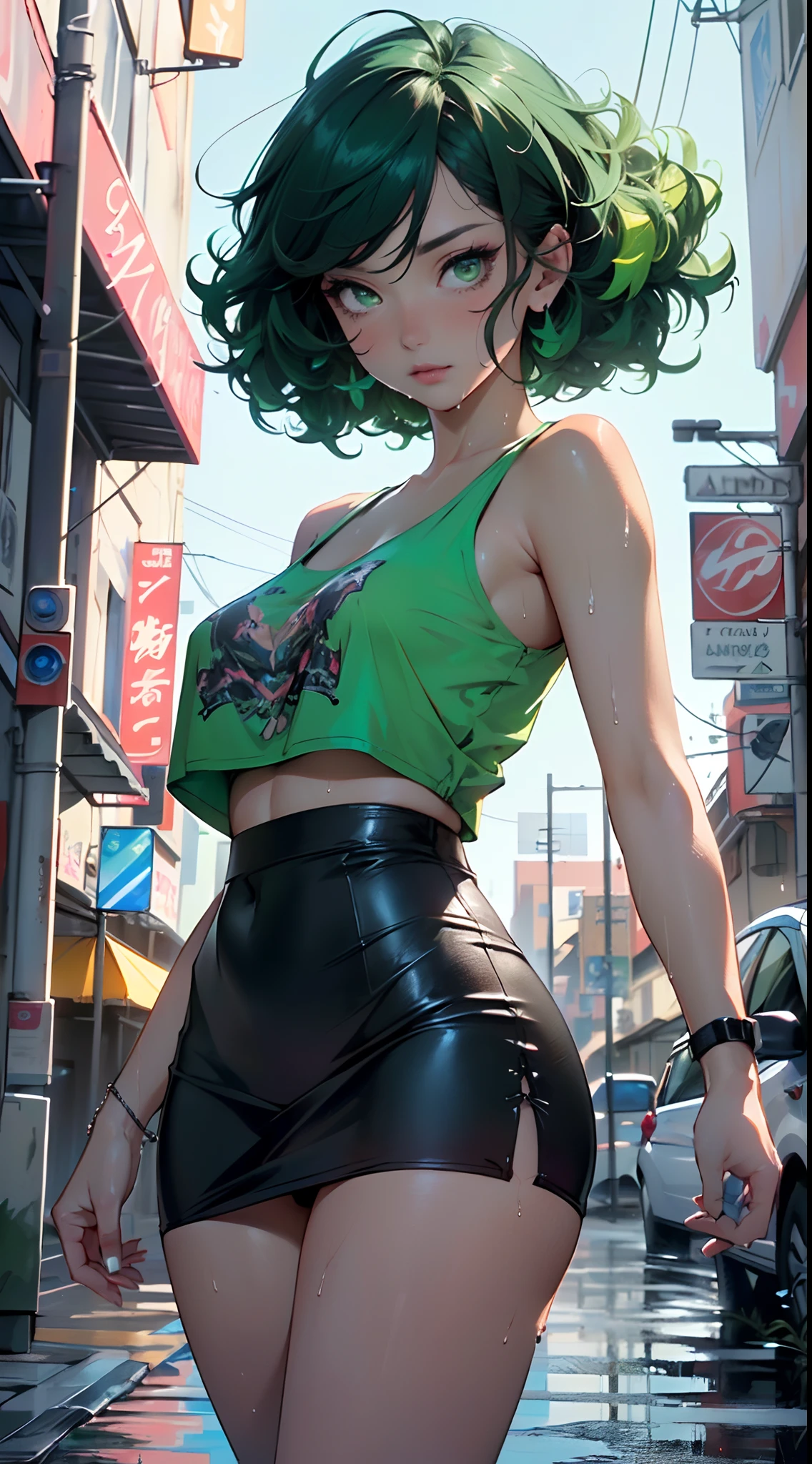 girl youtuber,(((1girl))),((extremely cute and beautiful green curly-haired girl)),
(short breasts:1.4),big butt,(((green curly hair:1.35,very curly hair,colored inner hair,ear breathing,short hair))),(((green_eyes:1.3))),intricate eyes,beautiful detailed eyes,symmetrical eyes,big eyes:1.3,((fat)),(((lustrous skin:1.5,bright skin: 1.5,skin tanned,shiny skin,very shiny skin,shiny body,plastic glitter skin,exaggerated shiny skin,illuminated skin,wet legs))),detailed body,(detailed face),
cute,slutty,seductive,erotic,(((nsfw))),
zettai ryouiki,revealing clothing,show skin,((rave mini-skirt,visible thong straps,white loose tank top with an anime art print)),((wet clothes,intricate outfit,intricate clothes)),
(dynamic pose:1.0),embarrassed,(centered,scale to fit dimensions,Rule of thirds),
cyberpunk city by the ocean at night, with bright neon signs and dark stormy clouds and puddles, scenery:1.25,
artistic photography,(photography taken by sldr),highres, sharp focus, (ultra detailed, extremely detailed), (photorealistic artwork:1.37),(extremely detailed CG unity 8k wallpaper),((synthwave background theme)),(((vibrant colors))),(intricate background),(masterpiece),(best quality),