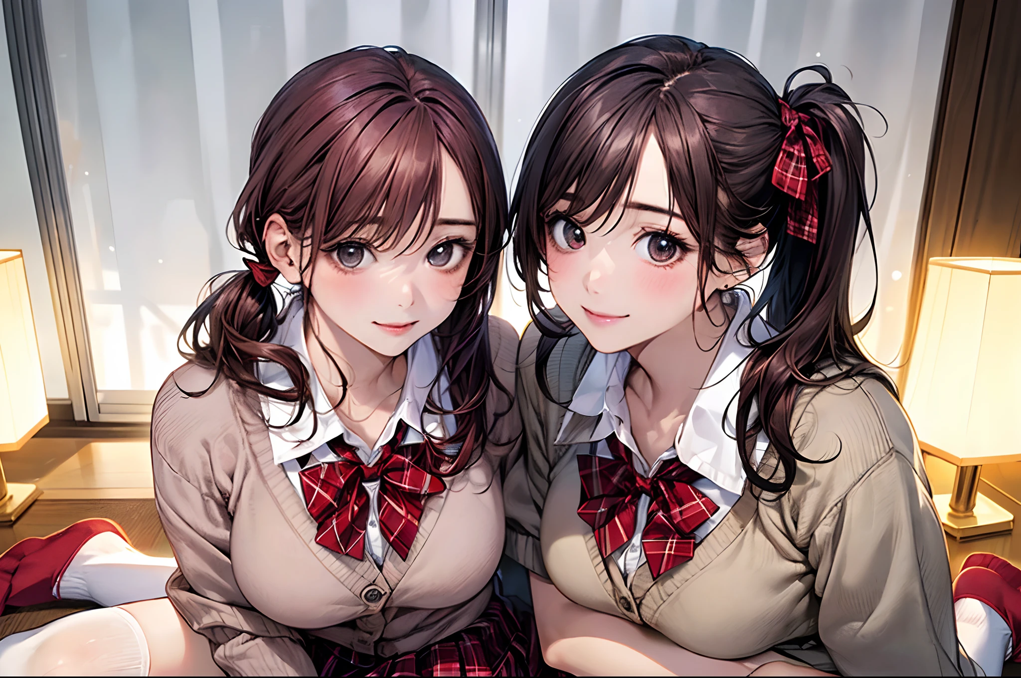 (masterpiece:1.2, top-quality), (realistic, photorealistic:1.4), beautiful illustration, NSFW,
looking at viewer, cowboy shot, front view:0.8,
1 girl, japanese, high school girl, light brown hair, (long hair:1.8), (side ponytail:1.7), bangs, hair between eye, blue eyes, large breasts:0.8, (thick thighs),
beautiful hair, beautiful face, beautiful detailed eyes, beautiful clavicle, beautiful body, beautiful chest, beautiful thigh, beautiful legs, beautiful fingers,
(beautiful scenery), dawn, bright and refreshing girl's room, curtains,
((red blazer, pleated mini skirt, white socks, red private school uniform:1.2, light blown cardigan, red plaid pleated skirt, red plaid bow tie, red plaid hair ribbon)), pink panties,
(swollen), ((seductive posture: 1.2, attractiveness: 1.2)),
(erotic, sexy, upper eyes, smile), shiny skin,
perfect face, cute and symmetrical face, natural side lighting, movie lighting),
sleeping bed, ,