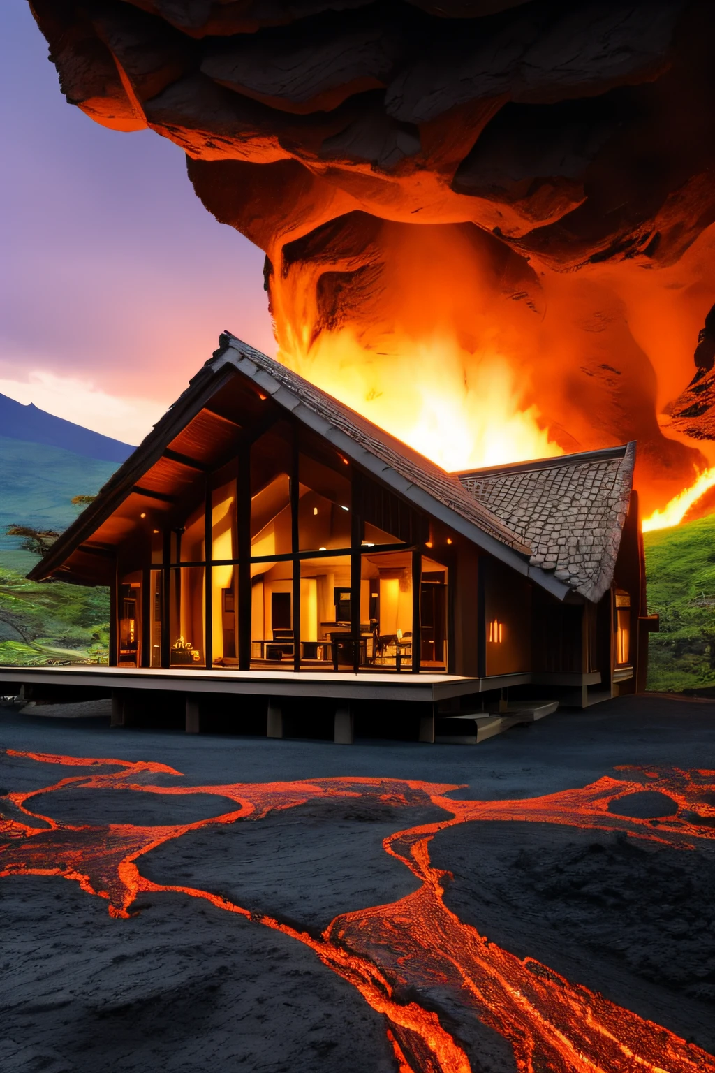 A wooden house built in a place where volcanic lava flows、Lava flows around the house