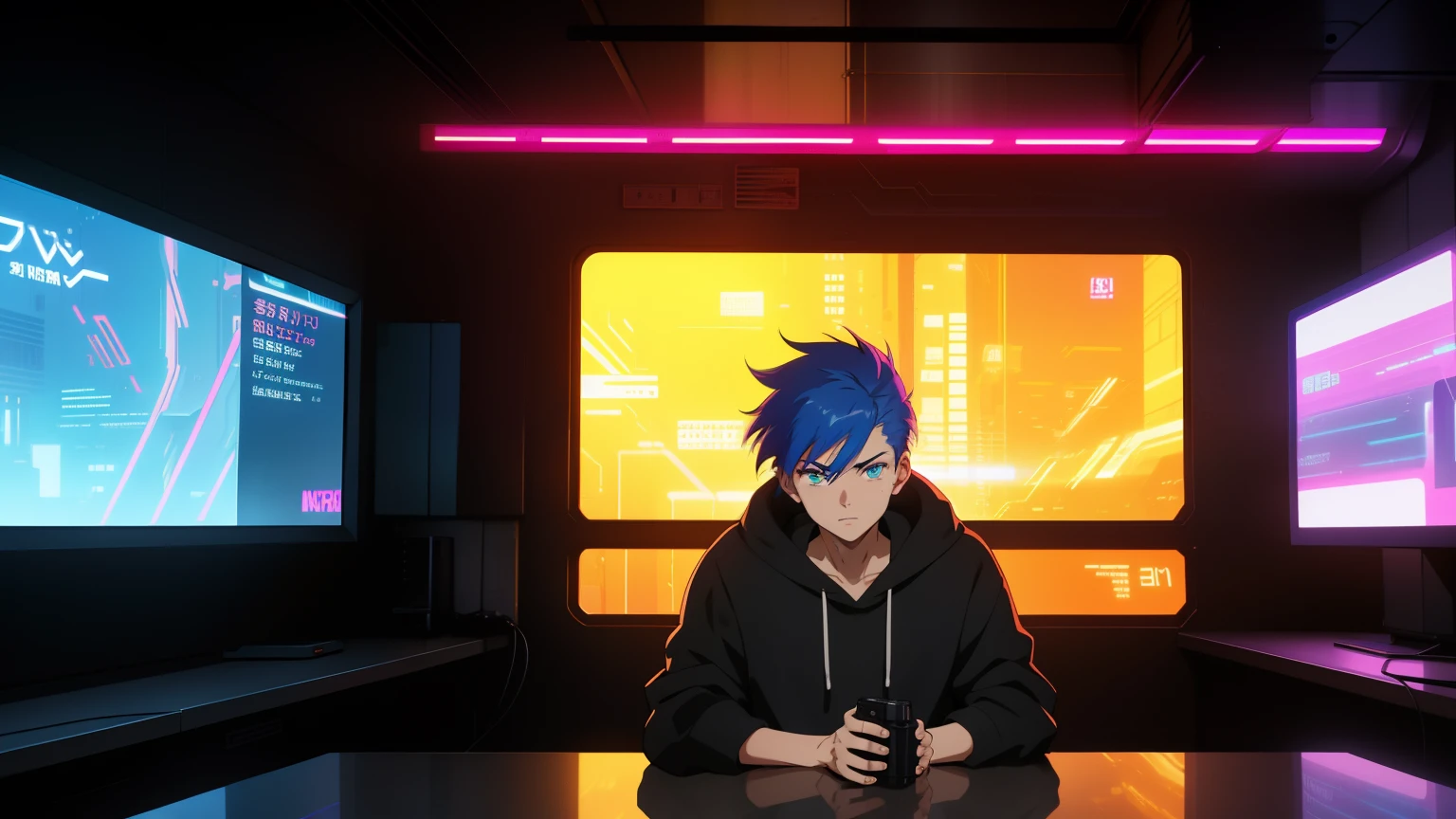 Create an evocative scene featuring a boy in a black hoodie, seated at a table in a room. He gazes forward, his expression determined and focused. The room offers a wide perspective, featuring a window with a mesmerizing cyberpunk cityscape. Enhance the futuristic ambiance with vibrant lights and glowing effects. Emphasize the close-up of the person, capturing a distinct 80s anime aesthetic, reminiscent of cyberpunk and synthwave styles. Infuse the image with a cyberpunk anime boy, exuding an air of cool confidence. Elevate the atmosphere with strong synthwave elements, immersing the viewer in a captivating, neon-lit operator's realm