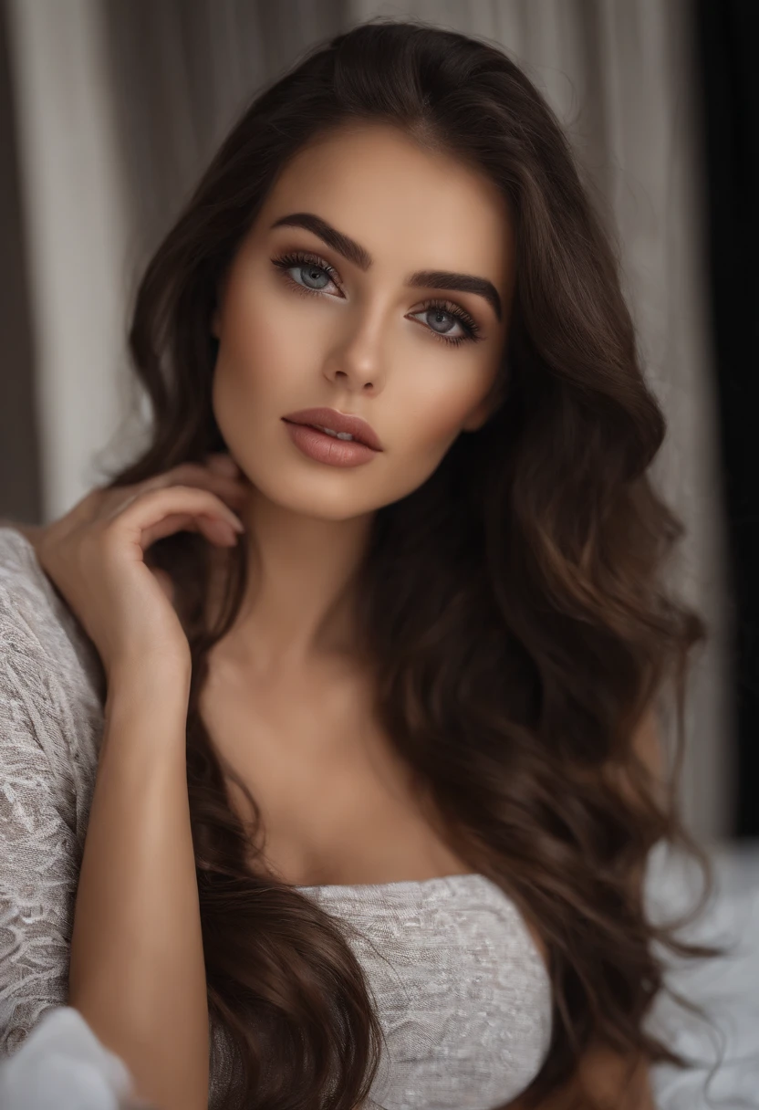 Arafed woman in full , Sexy girl with brown eyes, ultra realistis, Meticulous detail, portrait sophie mudd, brown hair and large eyes, selfie of a young woman, on couch, violet myers, no makeup, natural makeup, looking straight at camera, face with artgram, fine makeup, Stunning full-length shot, kneeling on the bed, in bedroom, Medium to large size bust