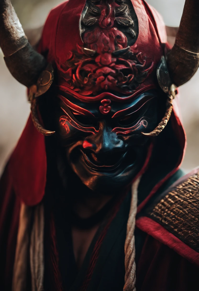 a ninja with a Japanese oni mask, com uma roupa preta, menacingly
