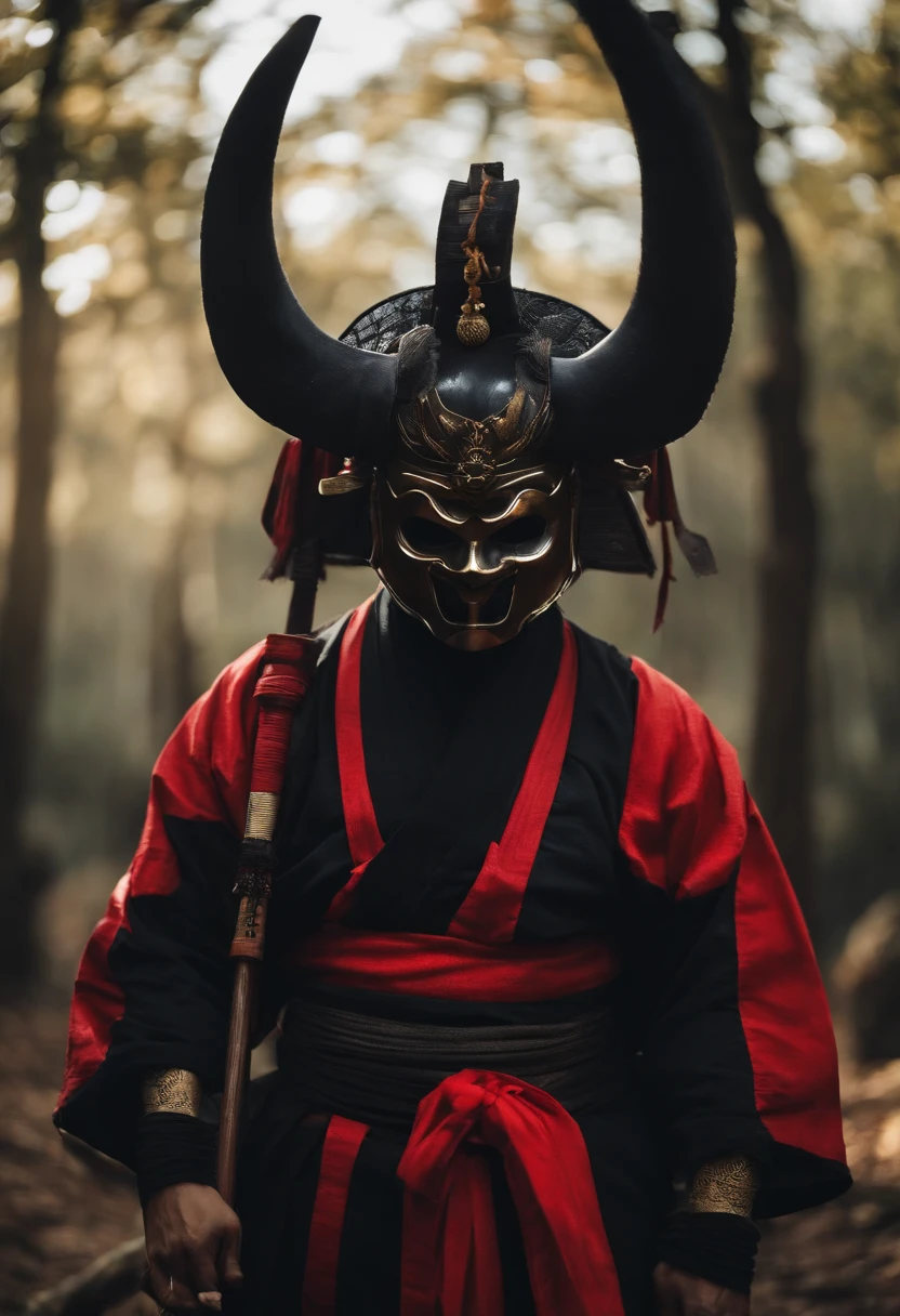 a ninja with a Japanese oni mask, com uma roupa preta, menacingly