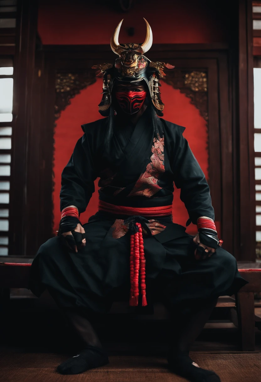 a ninja with a Japanese oni mask, com uma roupa preta, menacingly