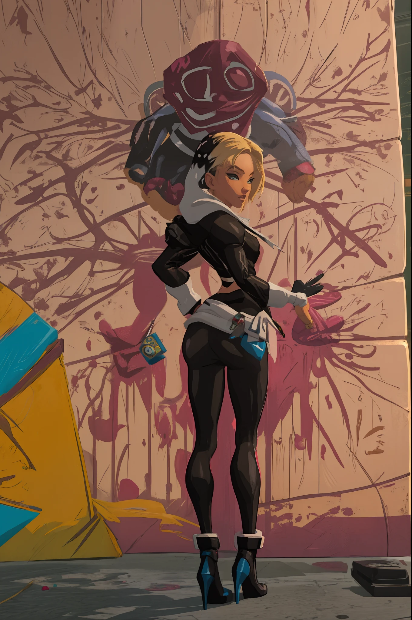 (hip hop scene) a very hip hop confidant badass arrogant cocky boss bich attitude gwen stacy graffiti artist spray paint a wall mural