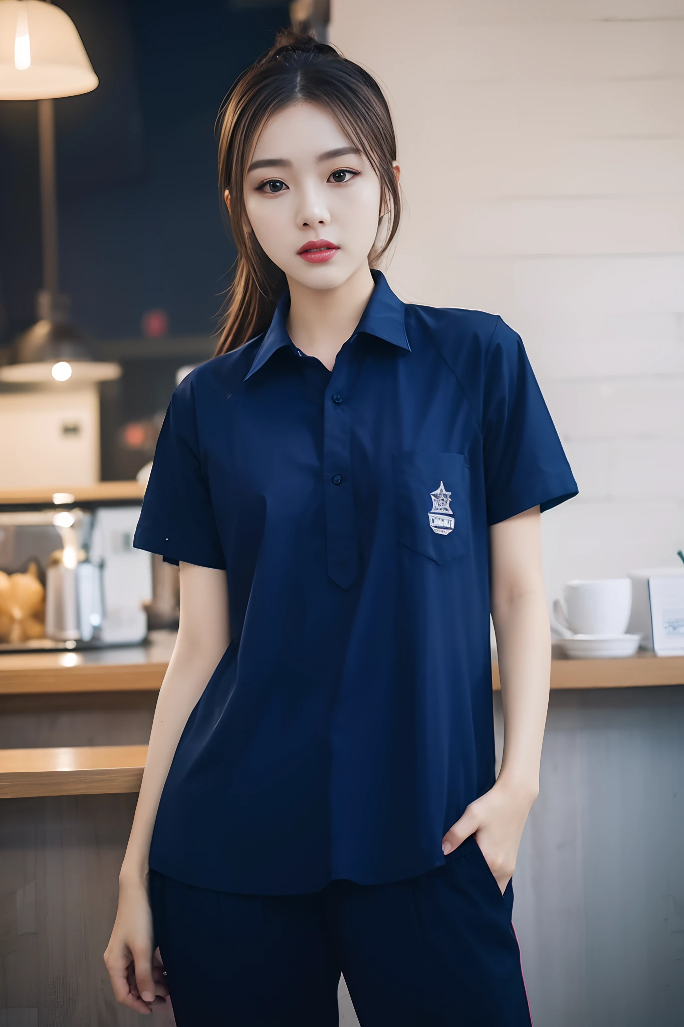 masterpiece, best quality, ultra realistic, hyper-detailed, 8k resolution, RAW photo, sharp focus, (2 girl in coffee shop), ((navy shirt:1.1)), short sleeves, long trackpant, perfect body, 2 mature female, 18yo, cinematic light
