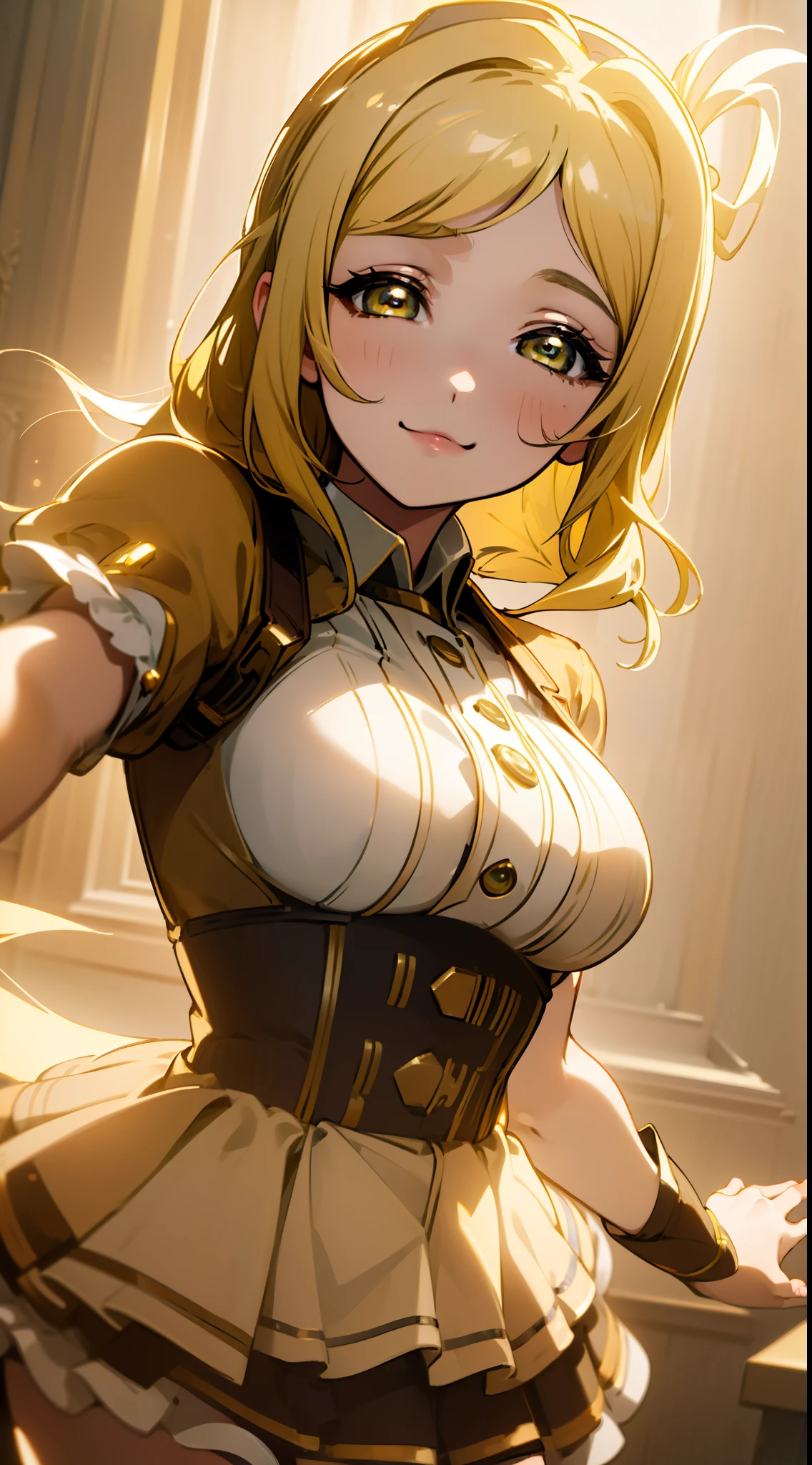 ((masterpiece,best quality,8k, Masterpiece, Best Quality,Detailed, Beautiful Detailed Eyes,)),Layla ML outfit, Mari Ohara face, Mari Ohara hair,solo, smiling, looking at viewer, cowboy shot, cinematic composition, dynamic pose,blonde hair,yellow eyes