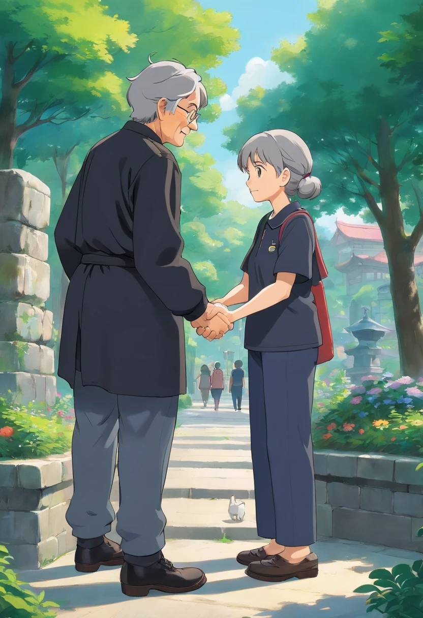 An old woman in a black and gray uniform, shakes hands and thanks a young man with a black t-shirt and jeans for helping her. They are in a park, shoulder-level shot, long shot.