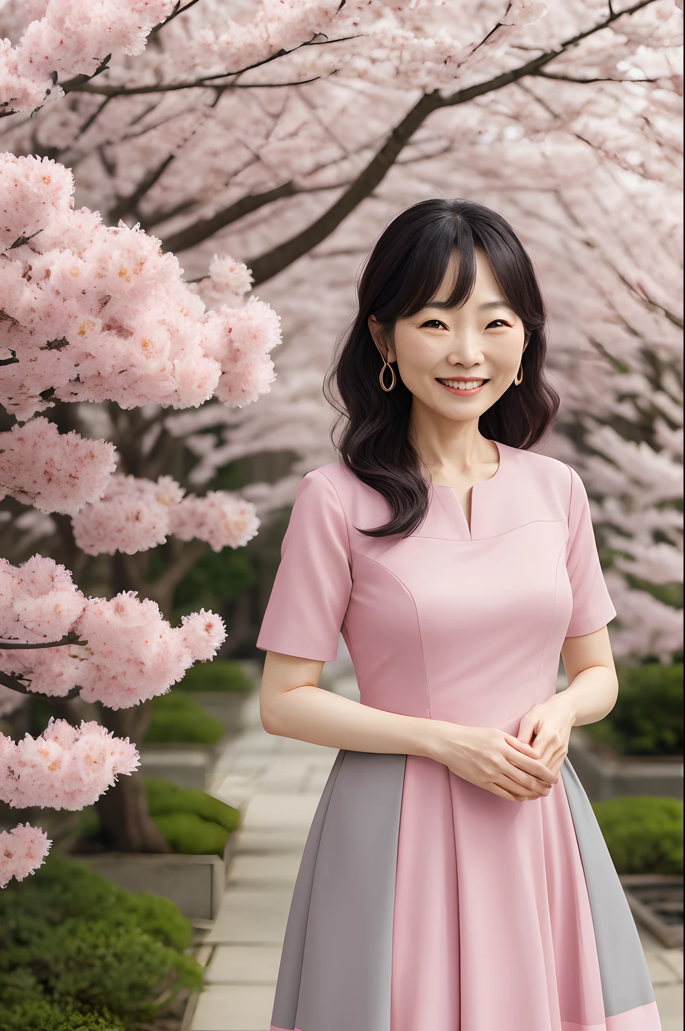 color photo, high quality, 4k, 1female, solo, fashion model, portrait, standing, pink dress, Spring, grey dress, 40 years, japanese woman, smile