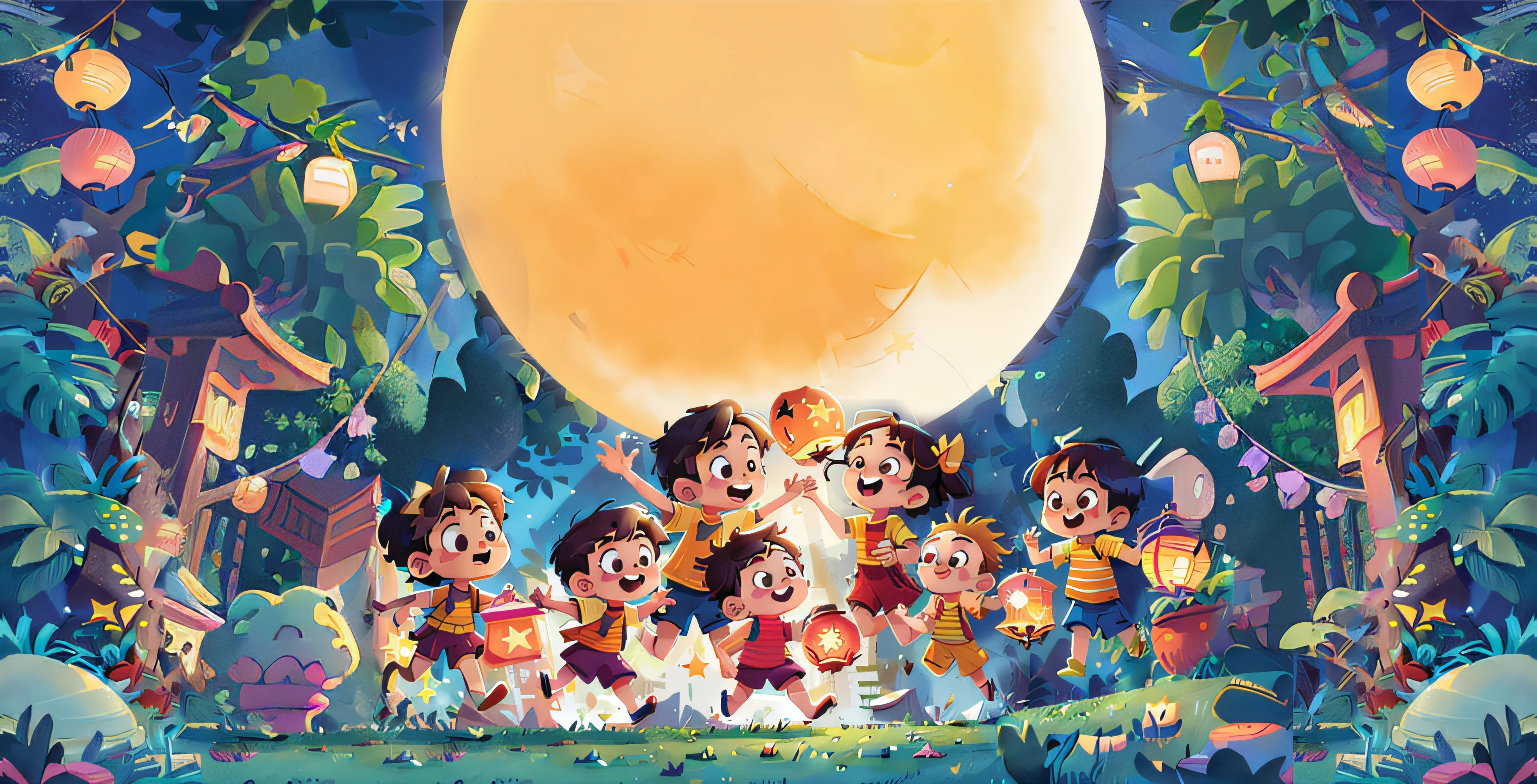 Poster design, (SFW), a group children boy and girl are jumping high forward together with children are holding star lanterns, lion lanterns, fish lanterns on their hand in dark sky with yellow moon, the banyan tree on the Moon, fine facial features, asia children, summer, mid-autumn festival, moon festival, star lantern, carp lanterns, yellow moon at midnight, happy, plants, perfect quality, clear focus, colorful, perfect face, smile face, body jump, jumping childern, intricate details, ultra low viewing angle, wide angle lens, low angle, low camera, lanterns on hand, childrens illustration, children illustration, cute artwork, kids book illustration, inspired by Anton Fadeev, illutstration, artistic illustration, promotional art, having good time, moontime, Best quality, masterpiece, ultra-high resolution, clean facial features, graphic design, facing the viewer, night, lanterns on hand, children jumping foward, Dragon dance and Lion dance,