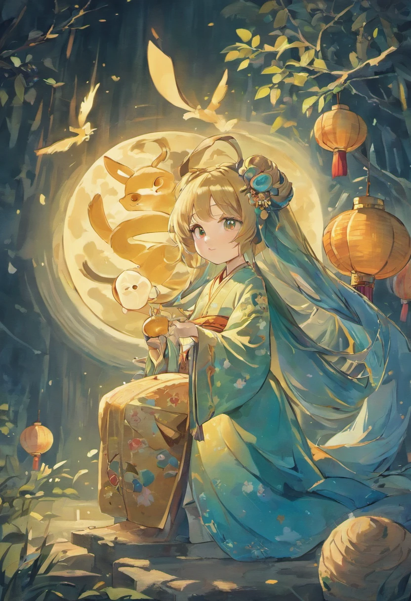 The jade rabbit of the Mid-Autumn Festival is usually depicted as a cute little rabbit，It is sometimes depicted as Chang'e's pet。It is often depicted wearing Hanfu or wearing ancient costumes，Sometimes mooncakes or osmanthus wine are held。The image of the Jade Rabbit is cute，It is regarded as one of the important elements of the Mid-Autumn Festival，It symbolizes good luck、Reunion and longevity