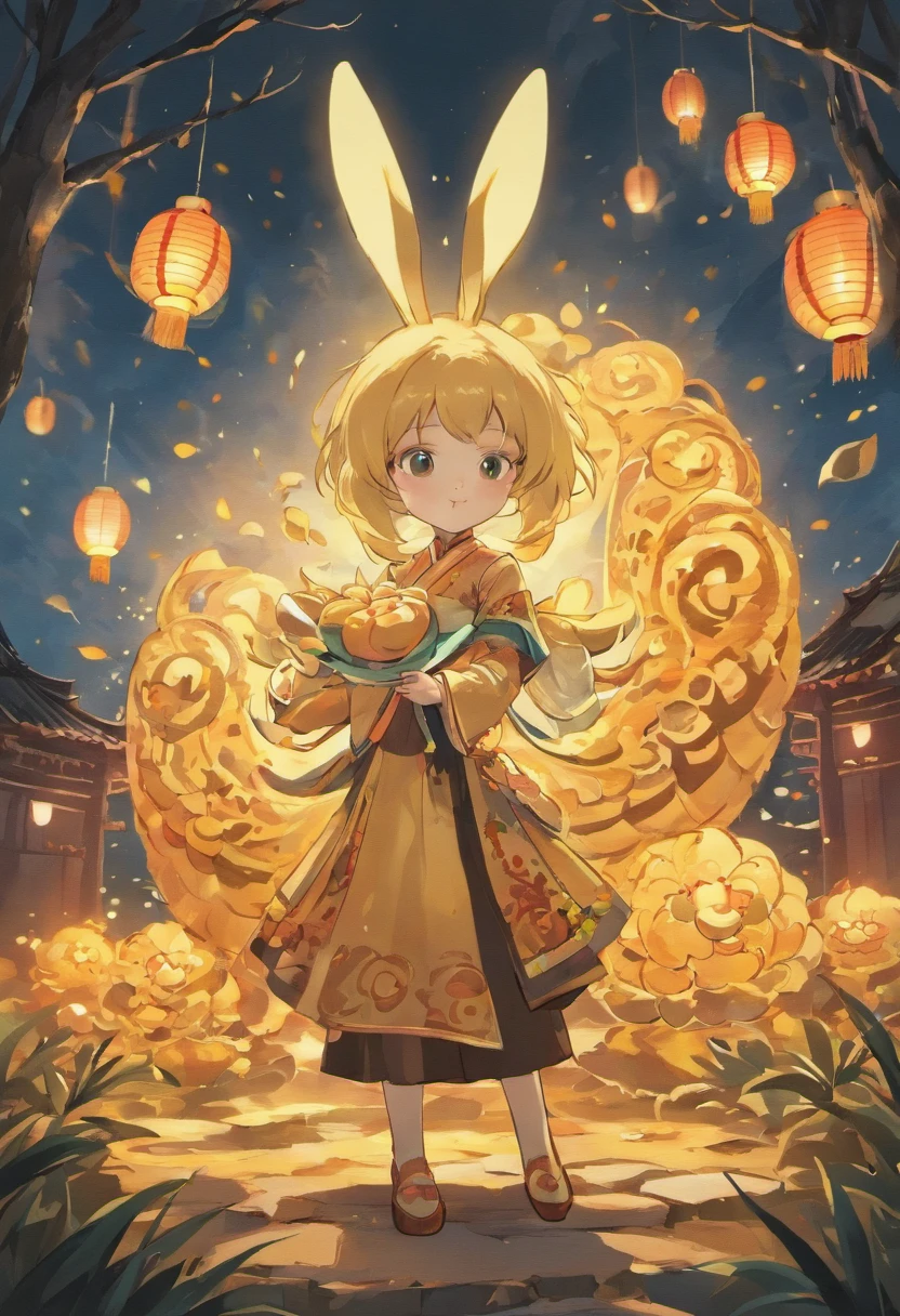 The jade rabbit of the Mid-Autumn Festival is usually depicted as a cute little rabbit,It is sometimes depicted as Chang'e's pet。It is often depicted wearing Hanfu or wearing ancient costumes,Sometimes mooncakes or osmanthus wine are held。The image of the Jade Rabbit is cute,It is regarded as one of the important elements of the Mid-Autumn Festival,It symbolizes good luck、Reunion and longevity