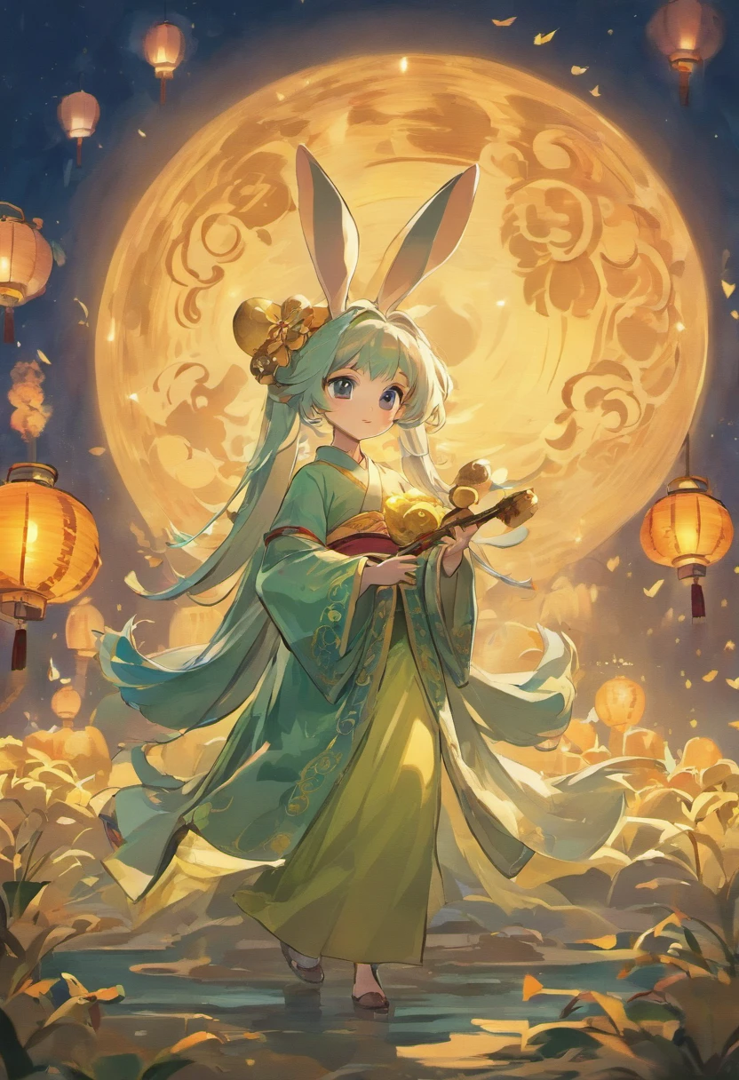 The jade rabbit of the Mid-Autumn Festival is usually depicted as a cute little rabbit，It is sometimes depicted as Chang'e's pet。It is often depicted wearing Hanfu or wearing ancient costumes，Sometimes mooncakes or osmanthus wine are held。The image of the Jade Rabbit is cute，It is regarded as one of the important elements of the Mid-Autumn Festival，It symbolizes good luck、Reunion and longevity