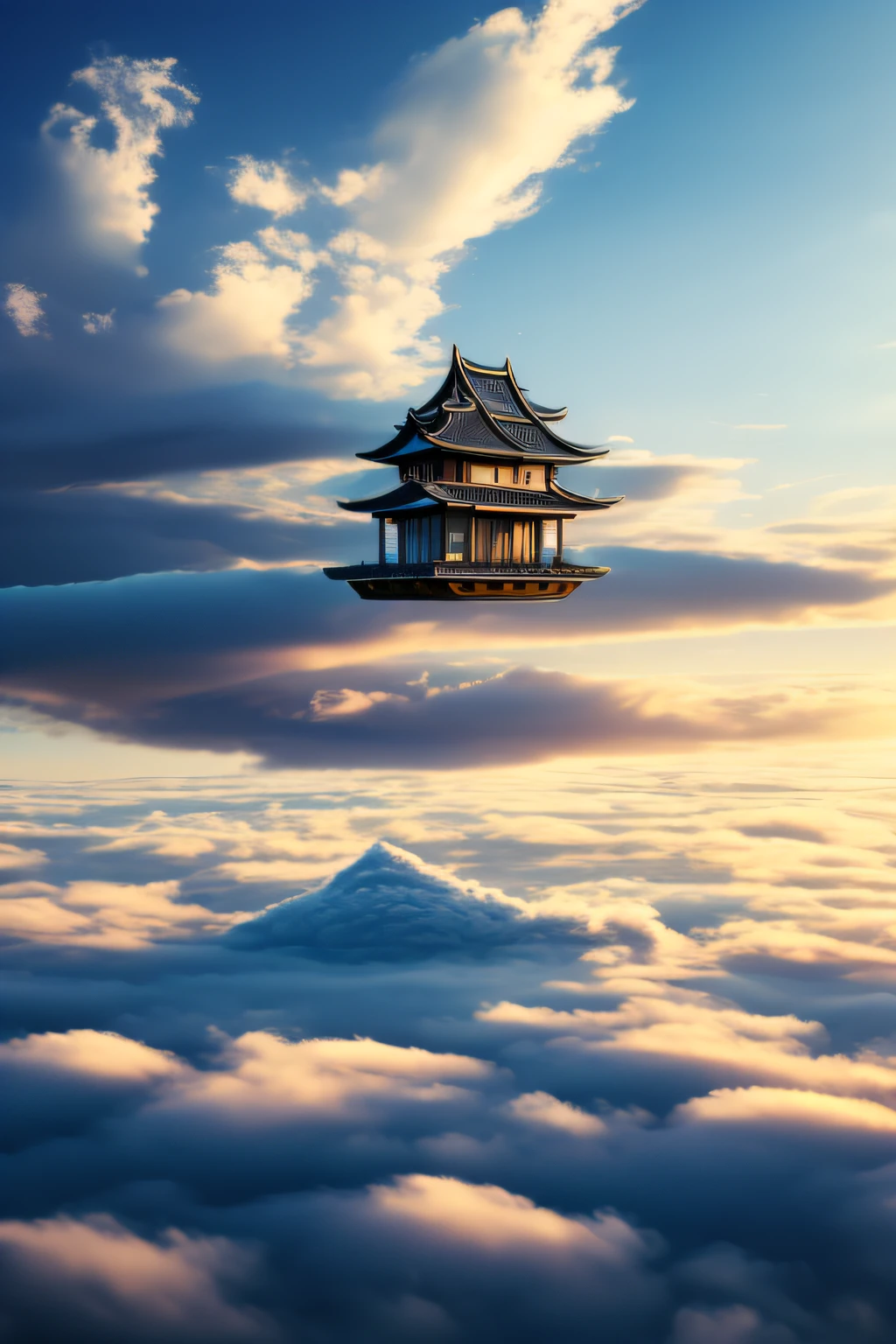 A temple-like house built above the clouds in the sky、House floating in the clouds