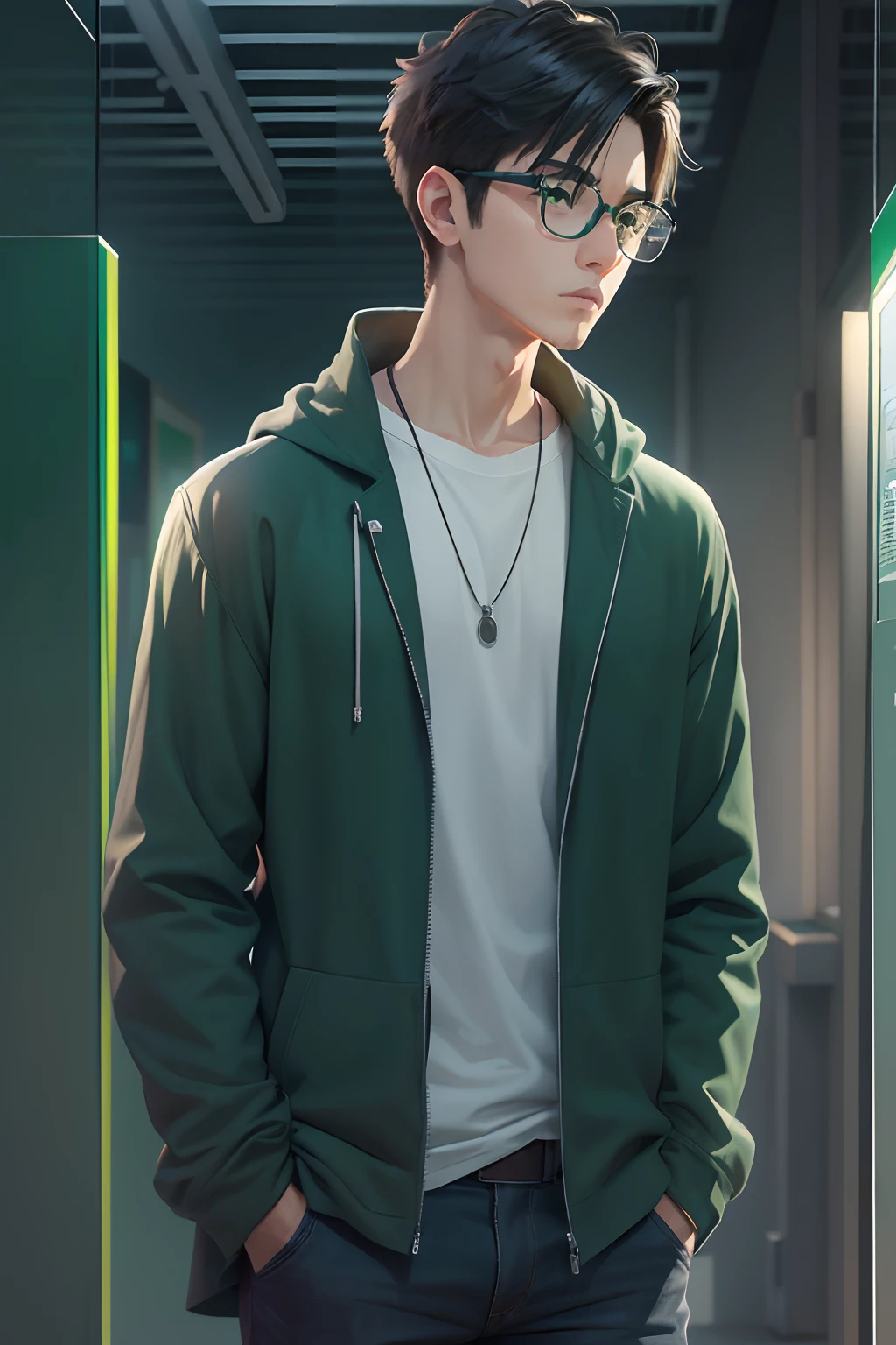 an cool university student, wears narrow mental frame glasses, wear gray coat, white plain T-shirt, black jeans ,((green background)),(anime style), (cinematic lighting), (ray tracing), ((reflection light)), half-body-shot, atmospheric perspective, masterpiece, accurate, ((best quality)), high quality, super detail, high details, anatomically correct, highRes, 1080p,