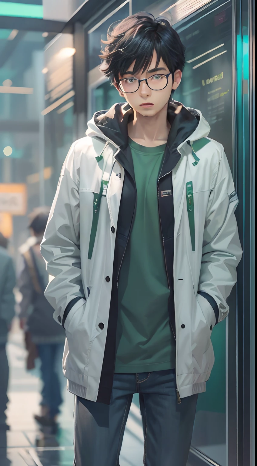 an cool university student, wears narrow mental frame glasses, wear gray coat, white plain T-shirt, black jeans ,((green background)),(anime style), (cinematic lighting), (ray tracing), ((reflection light)), half-body-shot, atmospheric perspective, masterpiece, accurate, ((best quality)), high quality, super detail, high details, anatomically correct, highRes, 1080p,