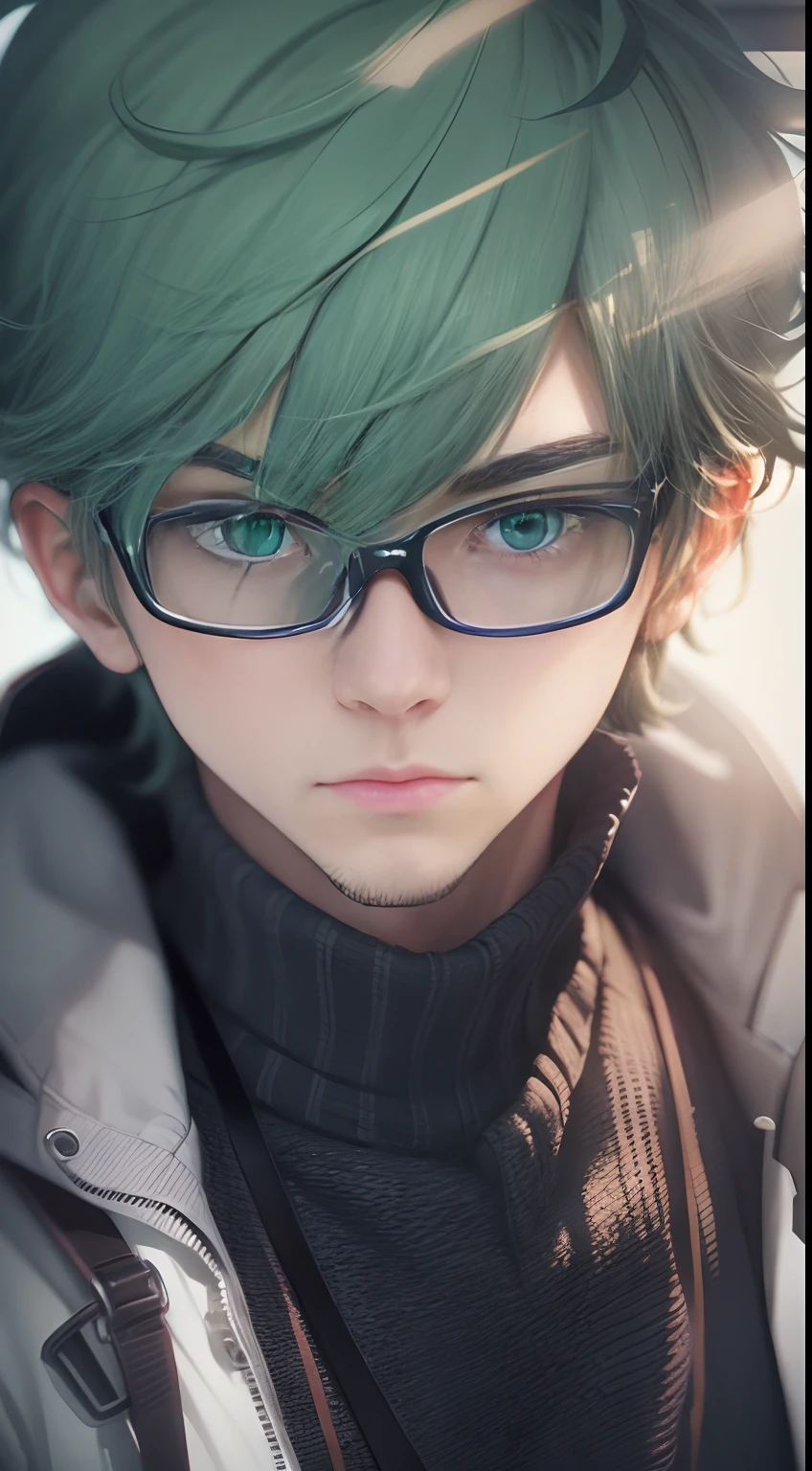 an cool university student, (male), wears narrow mental frame glasses, wear gray coat, white plain T-shirt, black jeans ,((green background)),(anime style), (cinematic lighting), (ray tracing), ((reflection light)), half-body-shot, atmospheric perspective, masterpiece, accurate, ((best quality)), high quality, super detail, high details, anatomically correct, highRes, 1080p,