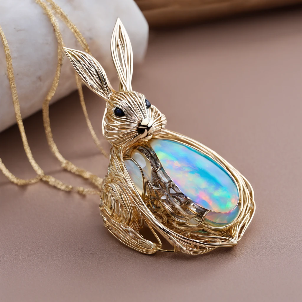 [[Bunny black opal pendant：1.8]] Gold wire woven bunny shape pendant，Rabbit shape， Moon pendant wrapped in wire，There are opal beads， Beautifully structured，High contrast lens, macro photograph, Ukiyo-e, Depth of field, Masterpiece, Super detail, High details, High quality