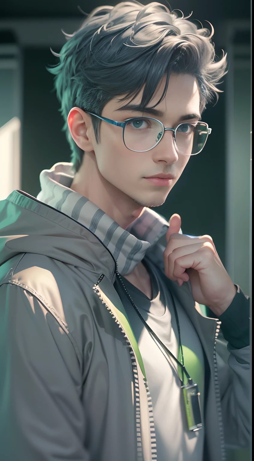 an cool university student, (male), wears narrow mental frame glasses, wear gray coat, white plain T-shirt, black jeans ,((green background)),(anime style), (cinematic lighting), (ray tracing), ((reflection light)), half-body-shot, atmospheric perspective, masterpiece, accurate, ((best quality)), high quality, super detail, high details, anatomically correct, highRes, 1080p,