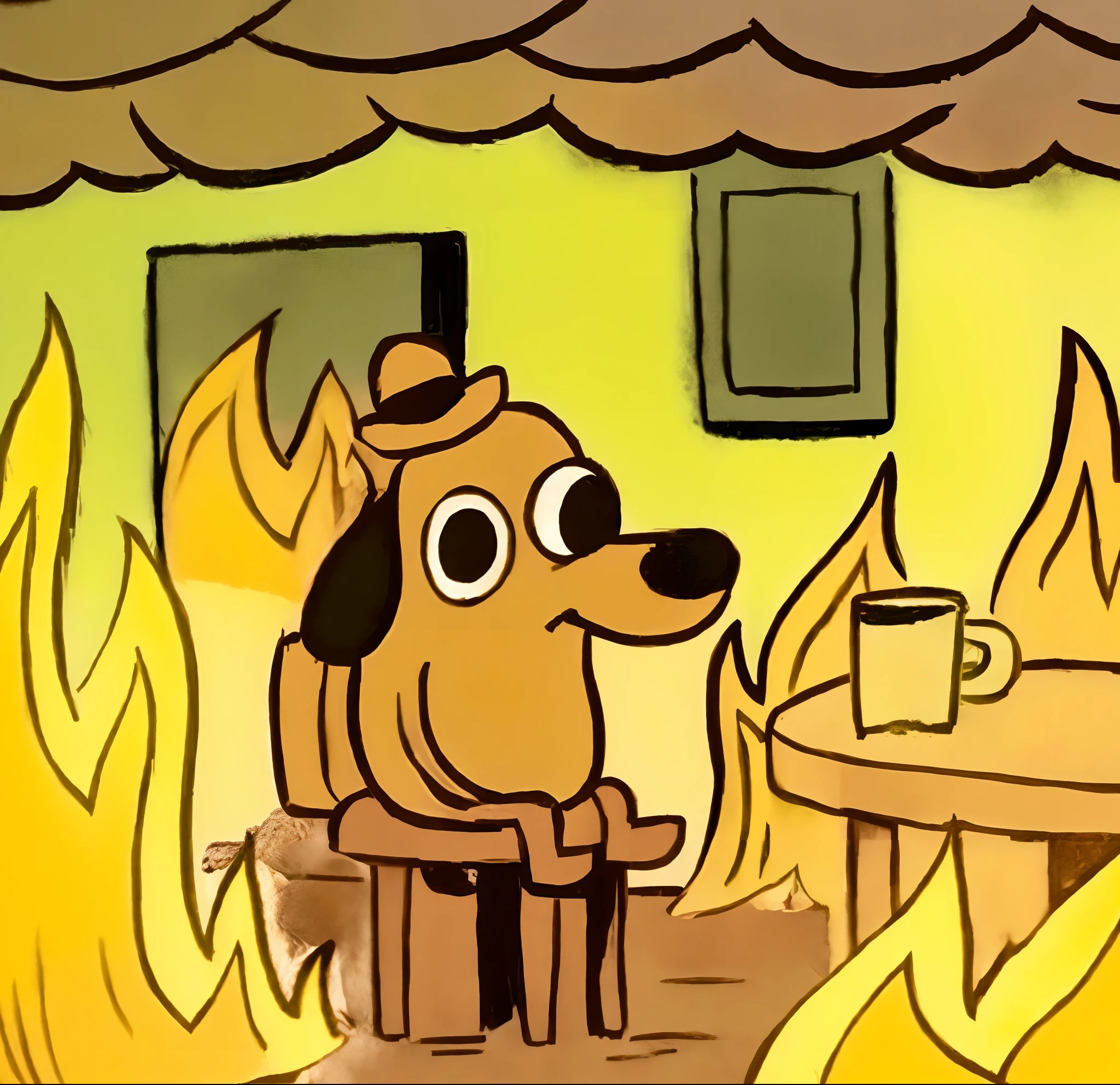 Caricature of a dog sitting on a chair in front of a fire, this-is-fine, Jake le chien, the background is on fire, ❤🔥🍄🌪, this is hell, adventure time cartoon, Il y a du feu partout, but can only be burned, tout est en feu, Feu, In the world of adventure, Le feu se reproduit dans la vraie vie