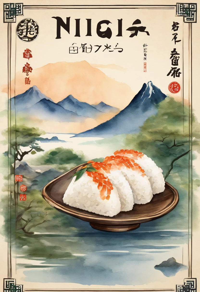 (onigiri store logo),traditional Japanese artwork,watercolor painting,illustration,elegant design,traditional calligraphy,subtle colors,soft lighting,meticulous brushstrokes,detailed rice ball,delicate fillings,appealing presentation,vibrant greens,authentic Japanese style,hand-drawn elements,artistic composition