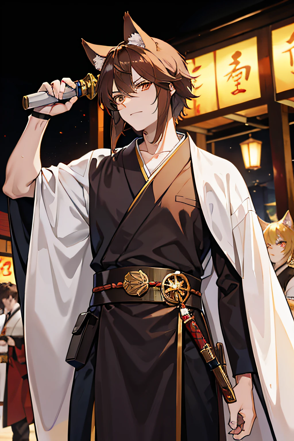 The beastman is a man, tall with cat ears, in a kimono, light brown hair and golden eyes, two swords in his belt, against the background of an evening festival