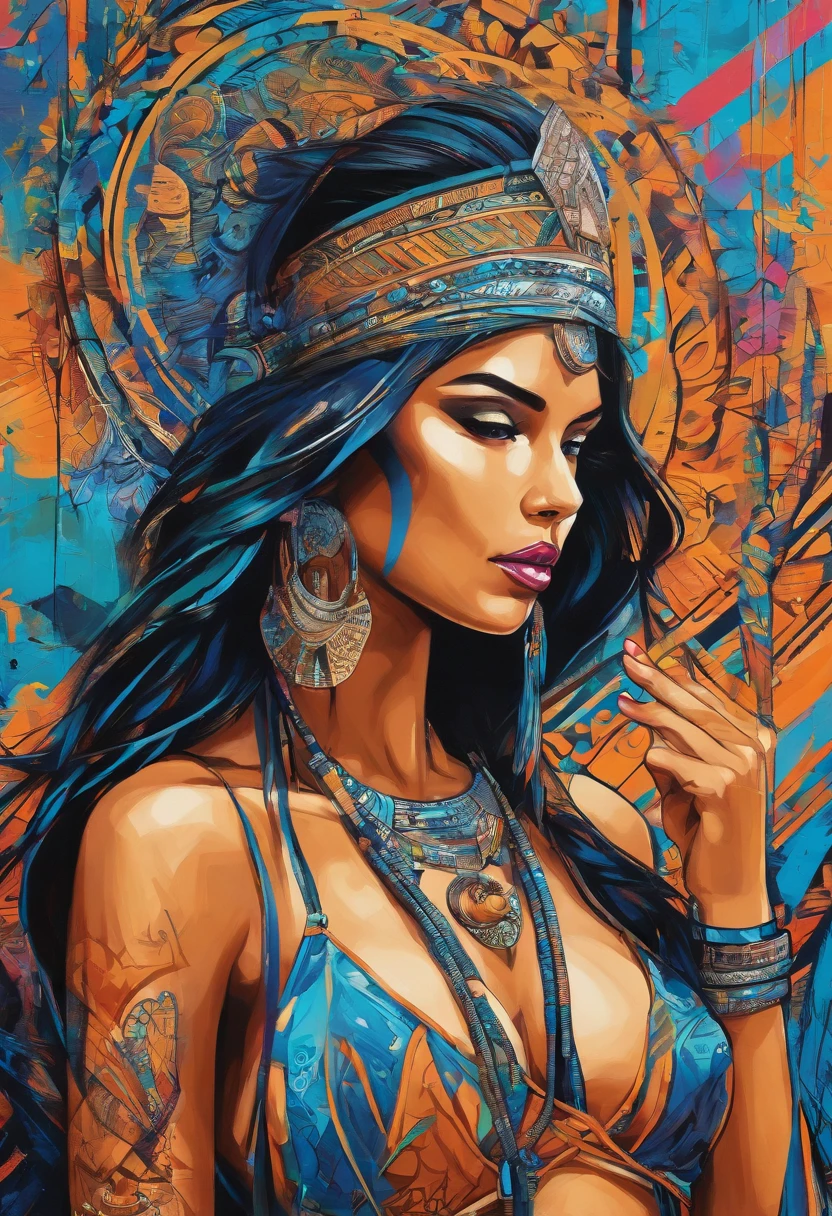 ultra detailed artistic photography, Beautiful native Brazilian Apache female,arara azul em seu ombro, linda ave,tee xixi, fora, fogueira, tristeza, sexy, sonhador,passaro azul, brilhante, retro iluminado, Sombras, oil on the canvas, liso, Ultra High Definition, 8k, Ultra sharp focus, Obras de arte intrincadas, Roupas fluidas, altamente detalhado, Vibrando, production cinematic character render, ultra high quality model, Jedi, sabre de luz laranja