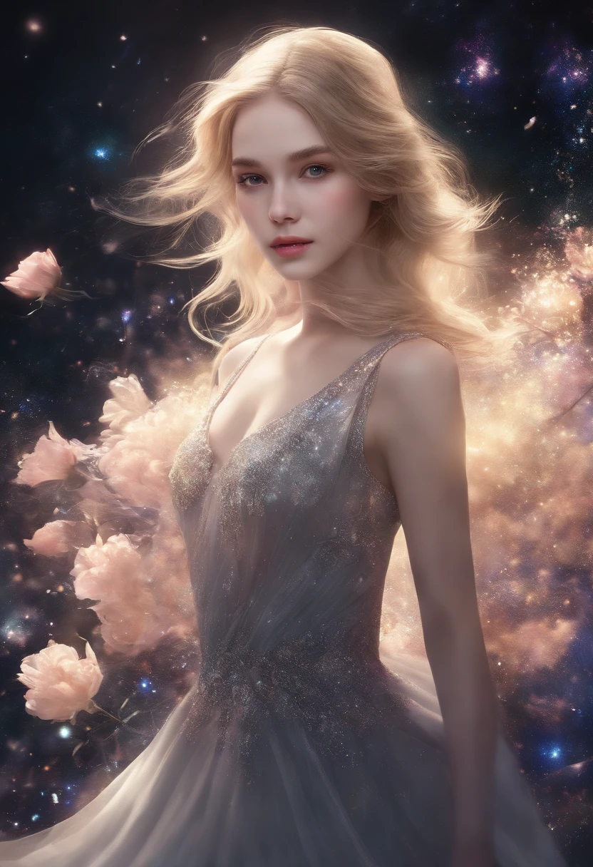 A woman in a dress standing in front of a galaxy background - SeaArt AI