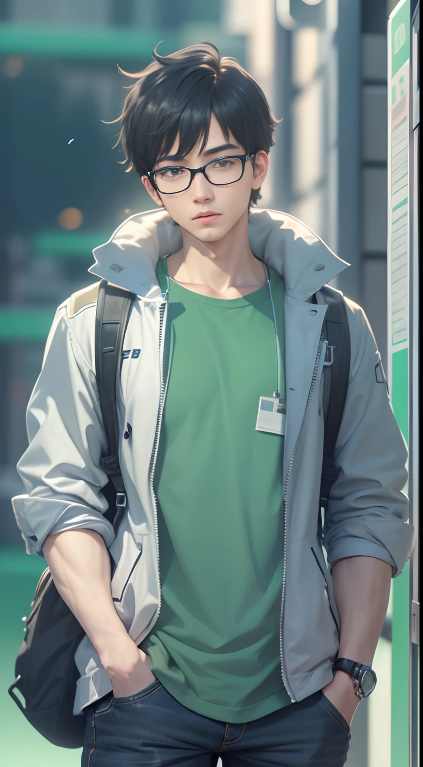 an cool university student, (male), short hairs, wears narrow mental frame glasses, wear gray coat, white plain T-shirt, black jeans ,((green background)),(anime style), (cinematic lighting), (ray tracing), ((reflection light)), ((half-body-shot)), atmospheric perspective, masterpiece, accurate, ((best quality)), high quality, super detail, high details, anatomically correct, highRes, 1080p,