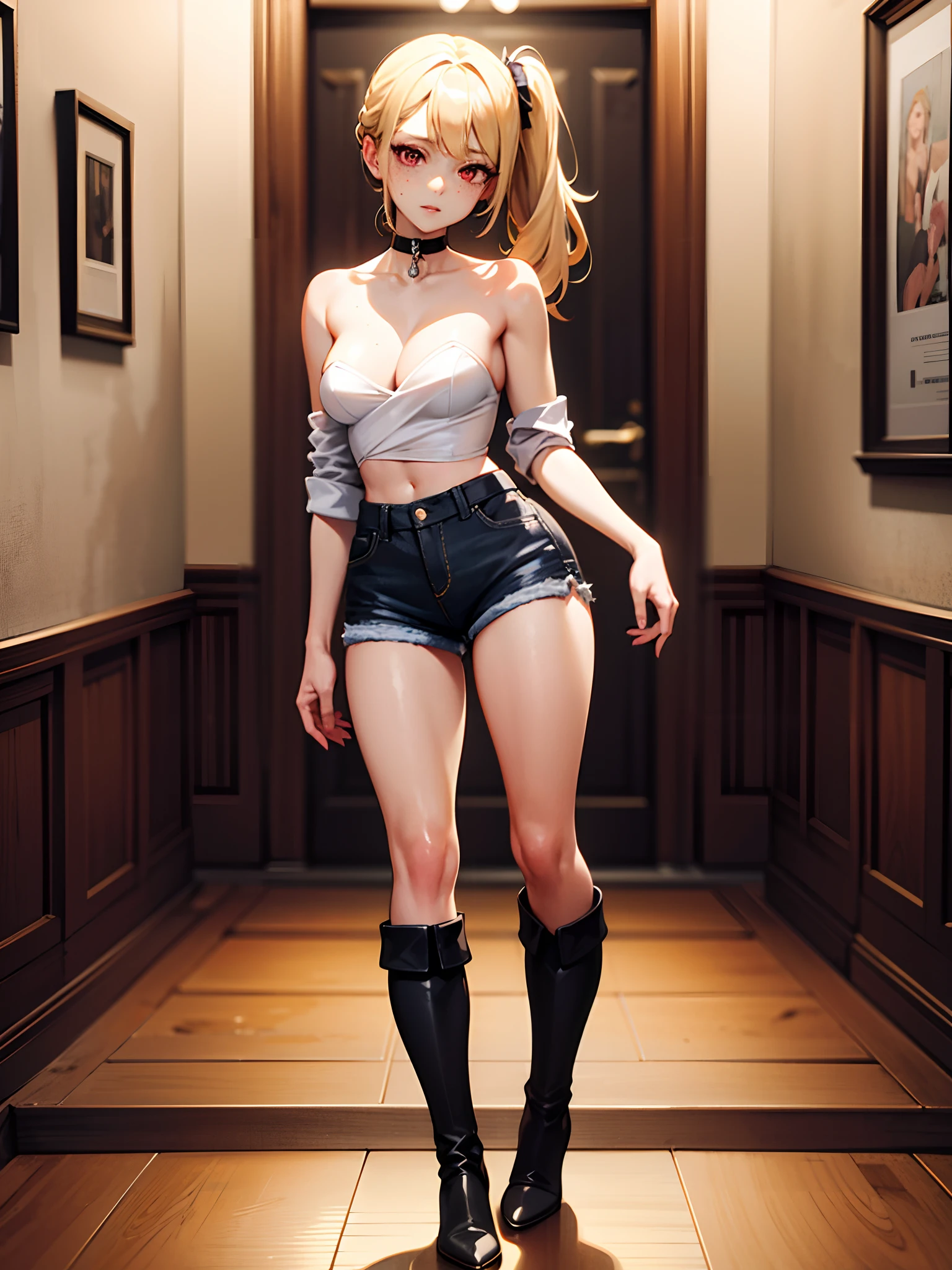 A high detailed illustration of a beautiful anime girl [blonde one side ponytail, freckles, beautiful red eyes, freckles, choker, lustful expression, cocky expression , collarbone, large breasts, small waist, wide hips, juicy thighs], solo, wearing a shirt [ strapless ,white shirt, cleavage, naked waist],no bra, wearing shorts [sexy shorts, black shorts, very revealing shorts, black jean shorts], wearing high heel boots [ black boots, high heel boots, boots up to her knee], in the hall of a high class hotel, facing the camera, posing standing, sexy posing, 8k, best quality, highres, masterpiece, full body picture, high detailed