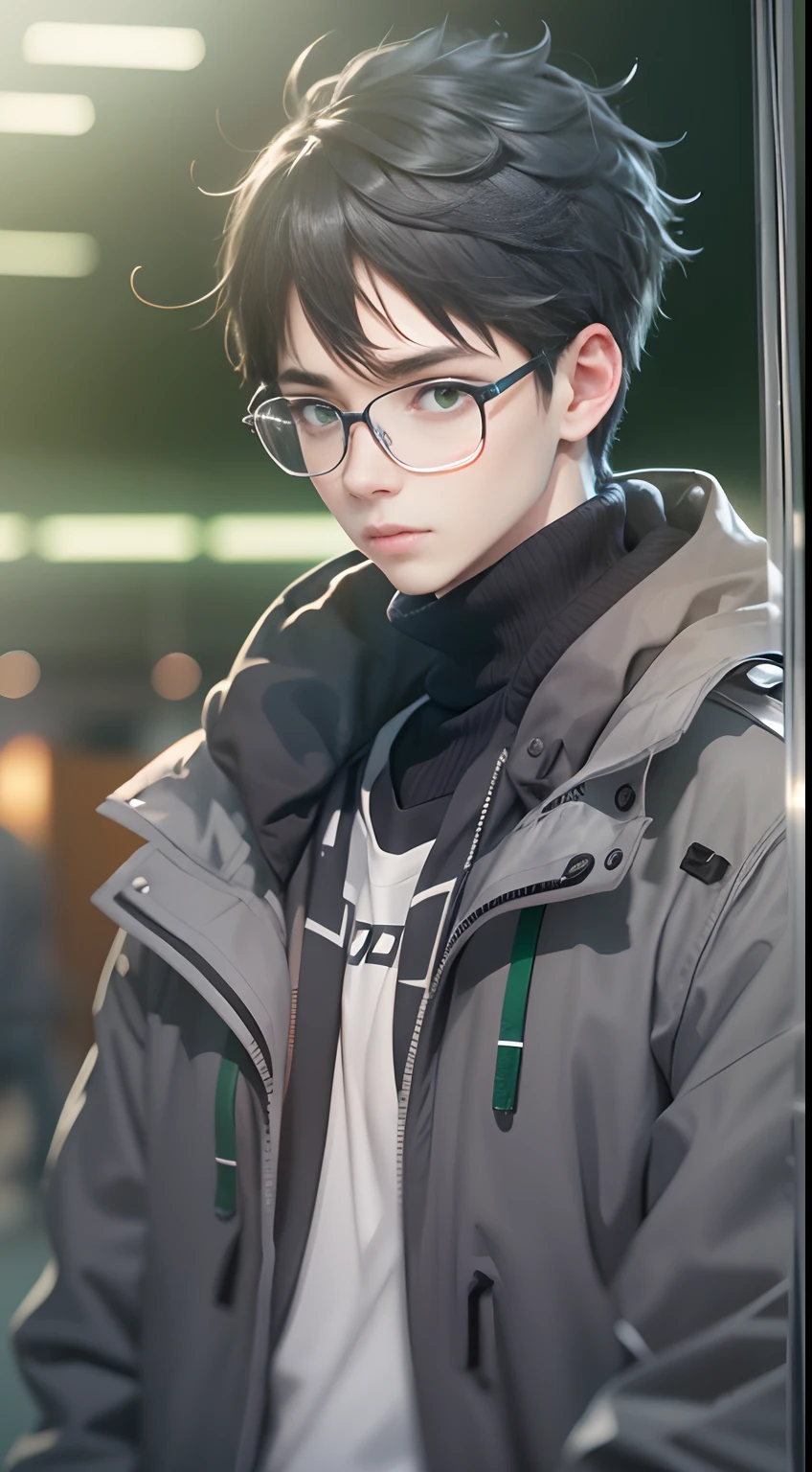 an cool university student, (male), short hairs, wears narrow mental frame glasses, wear gray coat, white plain T-shirt, black jeans ,((green background)),(anime style), (cinematic lighting), (ray tracing), ((reflection light)), ((half-body-shot)), atmospheric perspective, masterpiece, accurate, ((best quality)), high quality, super detail, high details, anatomically correct, highRes, 1080p,