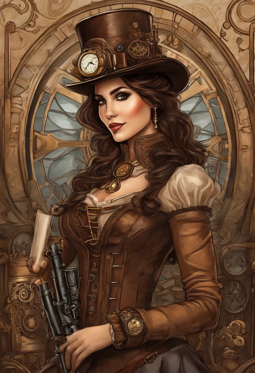 There's a daughter with dark brown hair and dark brown eyes wearing a Steam Punk hat and holding a gun., menina Steampunk, usando trajes Steampunk, menina inventora Steampunk, (Steampunk), ( Steampunk ), estilo Steampunk, Steam-punk, Steampunk Fiction, steampunk aesthetic, uma deusa Steampunk bonita, Steampunk mulher anime bonita, Steampunk, fantasia Steampunk, estilo de fantasia Steampunk, arte Steampunk, arte digital Steampunk, roupas Steampunk