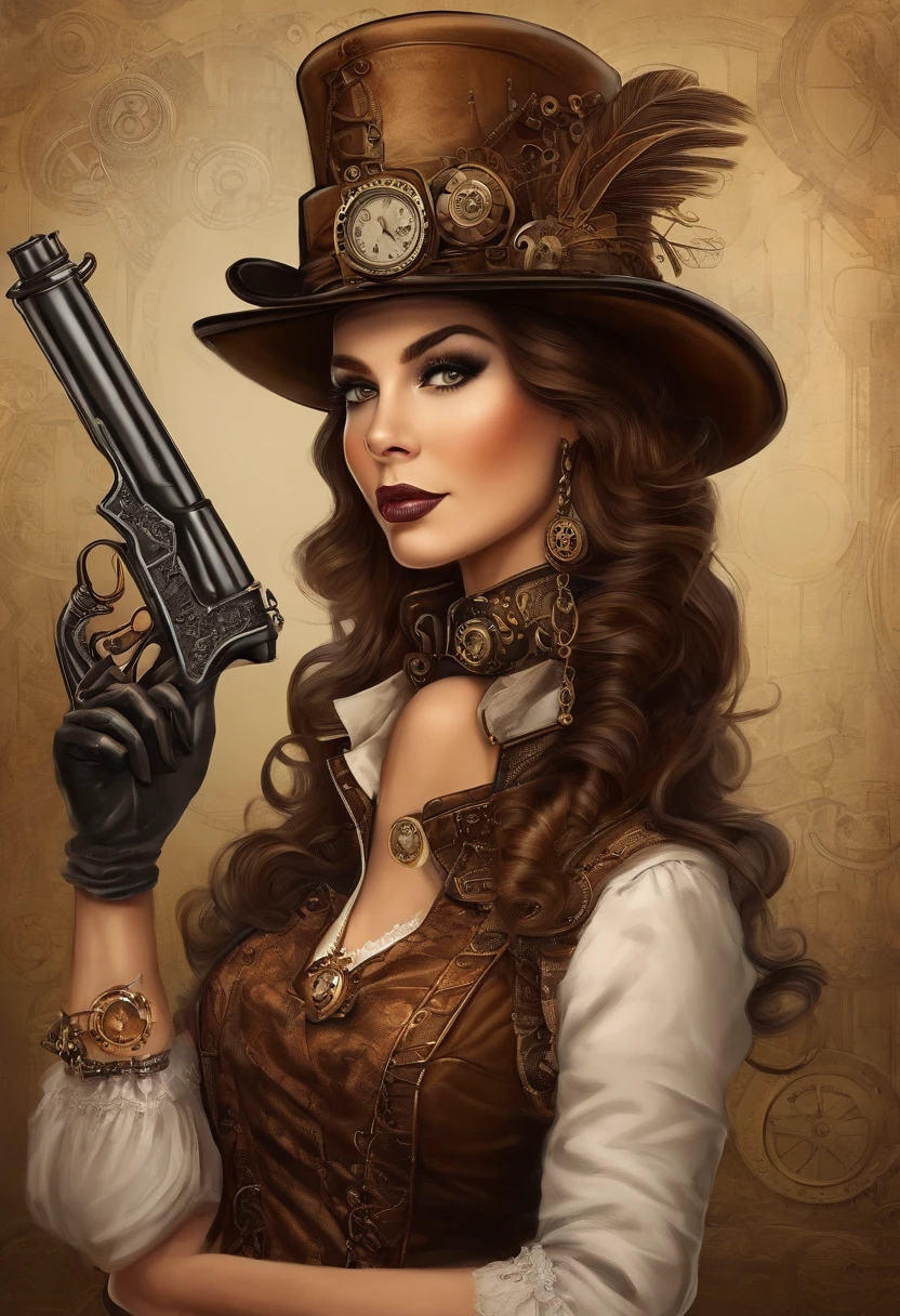There's a six year old daughter with dark brown hair and dark brown eyes wearing a Steam Punk hat and holding a gun., menina Steampunk, usando trajes Steampunk, menina inventora Steampunk, (Steampunk), ( Steampunk ), estilo Steampunk, Steam-punk, Steampunk Fiction, steampunk aesthetic, uma deusa Steampunk bonita, Steampunk mulher anime bonita, Steampunk, fantasia Steampunk, estilo de fantasia Steampunk, arte Steampunk, arte digital Steampunk, roupas Steampunk