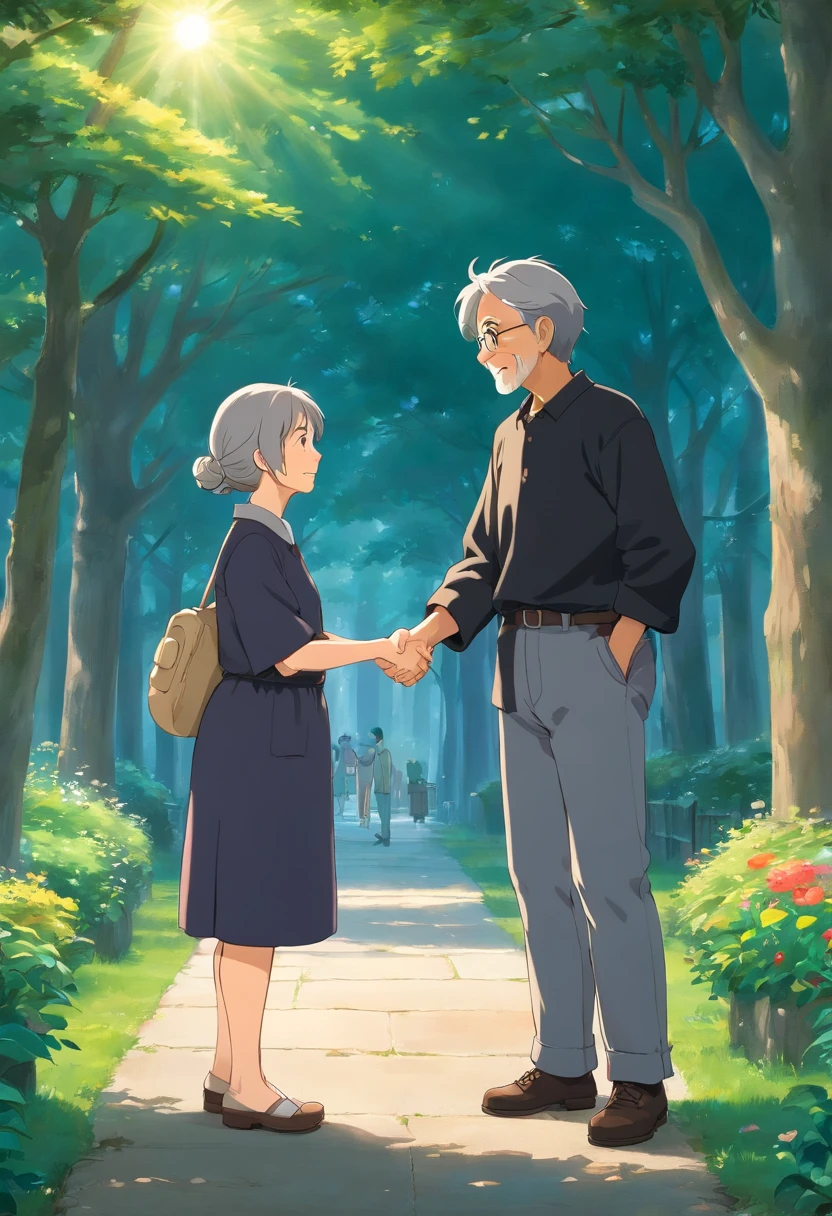 An old woman in a black and gray uniform, gracefully shakes hands with a young man wearing a black t-shirt and jeans, expressing sincere gratitude for his assistance. They stand amidst the serene beauty of a park, captured in a shoulder-level shot that highlights their genuine connection. The scene exudes a sense of warmth and appreciation, with the elderly woman's weathered hands juxtaposed against the youthfulness of the man's attire. The surrounding atmosphere is bathed in soft natural light, casting a gentle glow on their heartfelt interaction.