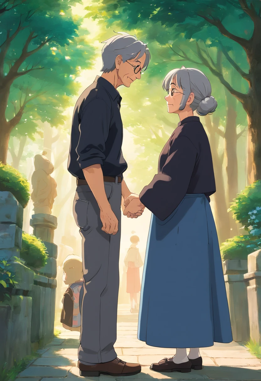 An old woman in a black and gray uniform, gracefully shakes hands with a young man wearing a black t-shirt and jeans, expressing sincere gratitude for his assistance. They stand amidst the serene beauty of a park, captured in a shoulder-level shot that highlights their genuine connection. The scene exudes a sense of warmth and appreciation, with the elderly woman's weathered hands juxtaposed against the youthfulness of the man's attire. The surrounding atmosphere is bathed in soft natural light, casting a gentle glow on their heartfelt interaction.