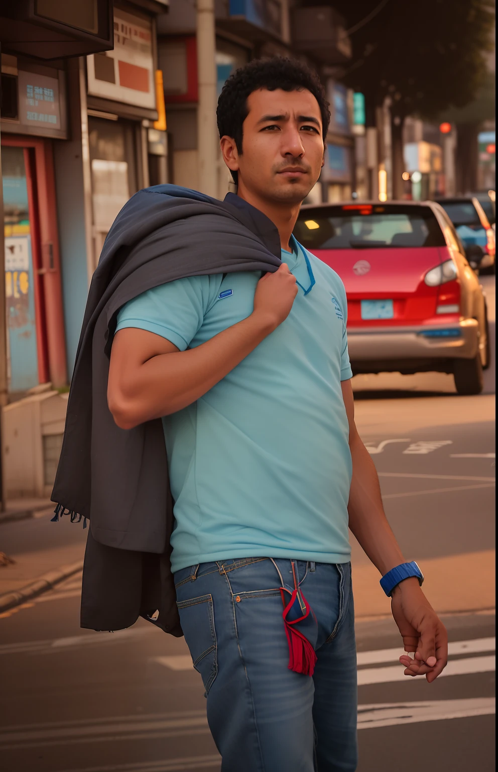 arafed man in a blue shirt and jeans walking down a street, in city street, casual photography, standing in township street, in the street, street pic, on a street, in a street, shot on nikon z9, at a city street, standing in a township street, * colour splash *, posing in an urban street, on the street