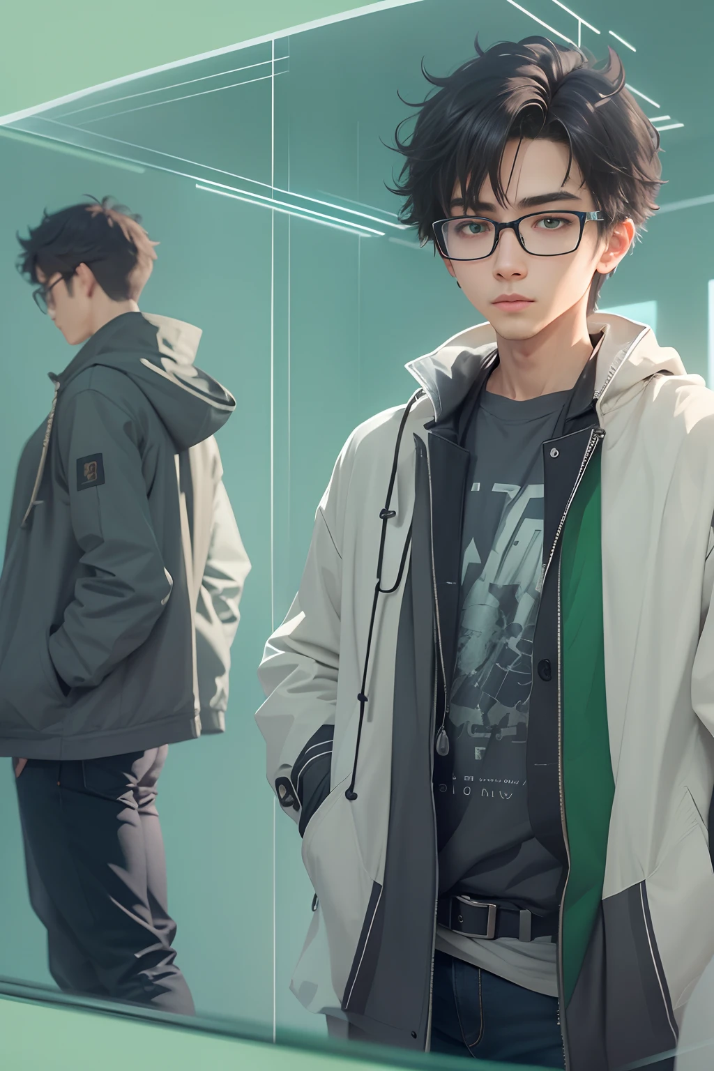 an cool university student, (male), short hairs, wears narrow mental frame glasses, wear gray coat, white plain T-shirt, black jeans ,((green background)),(anime style), (cinematic lighting), (ray tracing), ((reflection light)), ((half-body-shot)), atmospheric perspective, masterpiece, accurate, ((best quality)), high quality, super detail, high details, anatomically correct, highRes, 1080p,