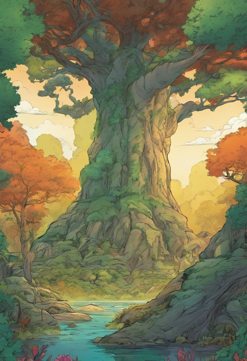 (Manga, comic, panels, scenery) A mystical forest with giant trees and magical beings hidden among the branches, 8K, high quality