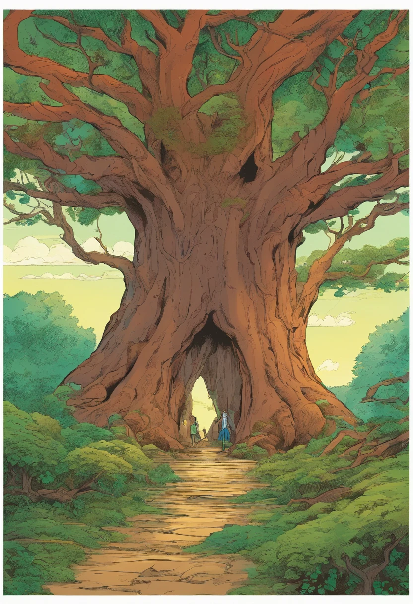 (Manga, comic, panels, scenery) A mystical forest with giant trees and magical beings hidden among the branches, 8K, high quality